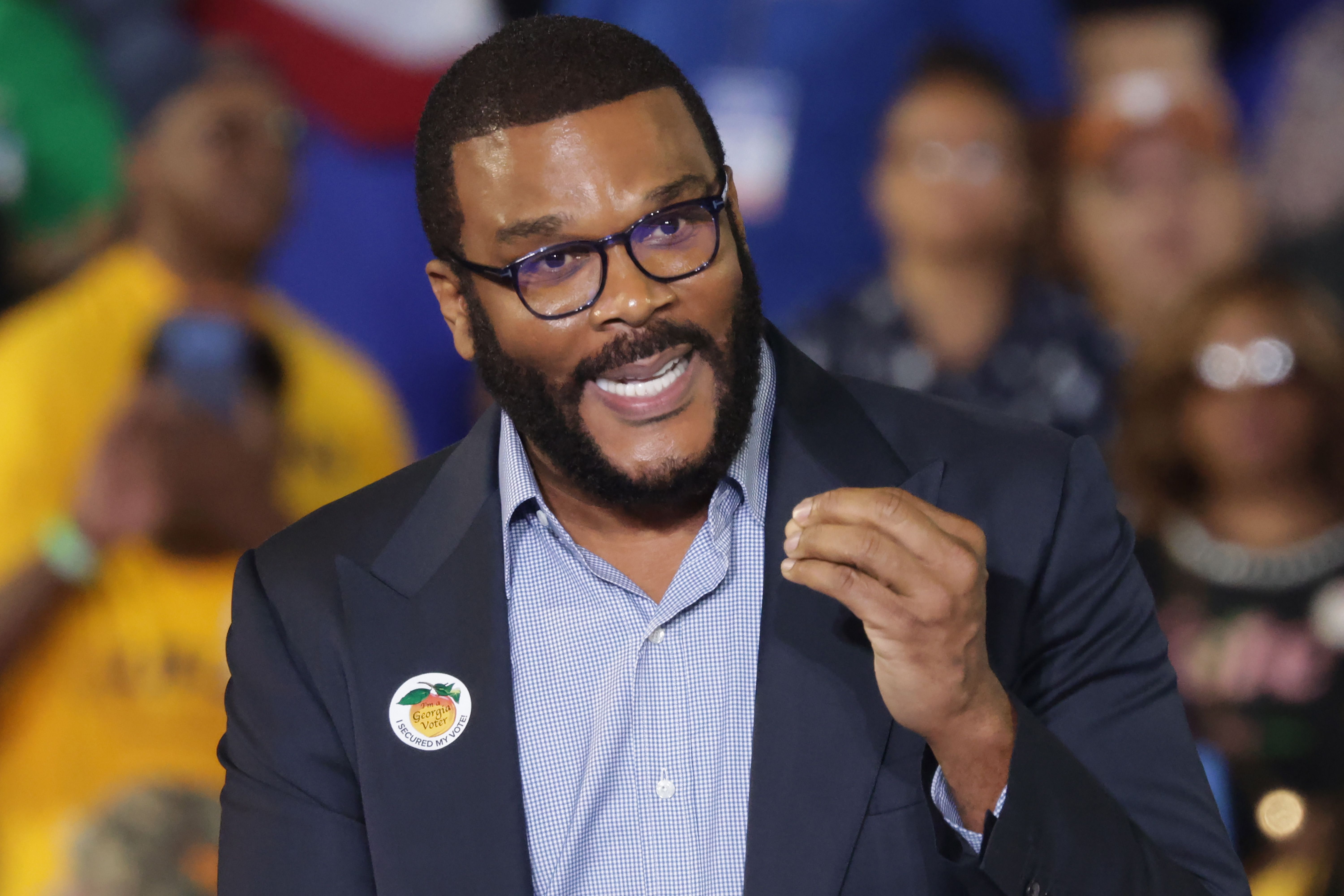 Actor and filmmaker Tyler Perry speaks during a campaign event for Democratic presidential nominee, U.S. Vice President Kamala Harris, with former President Barack Obama at the James R Hallford Stadium on October 24, 2024 in Clarkston, Georgia. Harris and Republican presidential nominee, former U.S.