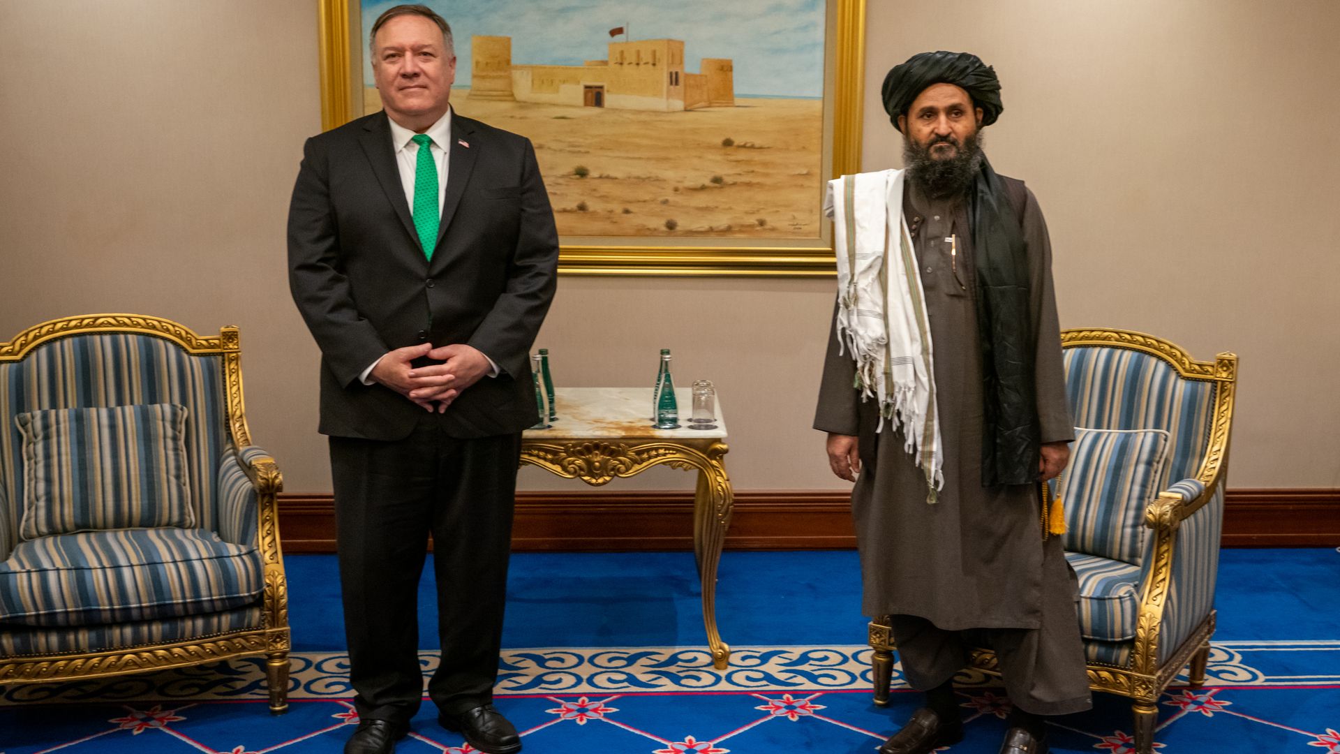 Former Secretary of State Mike Pompeo meeting with Mullah Abdul Ghani Baradar, now the Taliban's de facto  political leader, in Doha, Qatar, in September 2020.