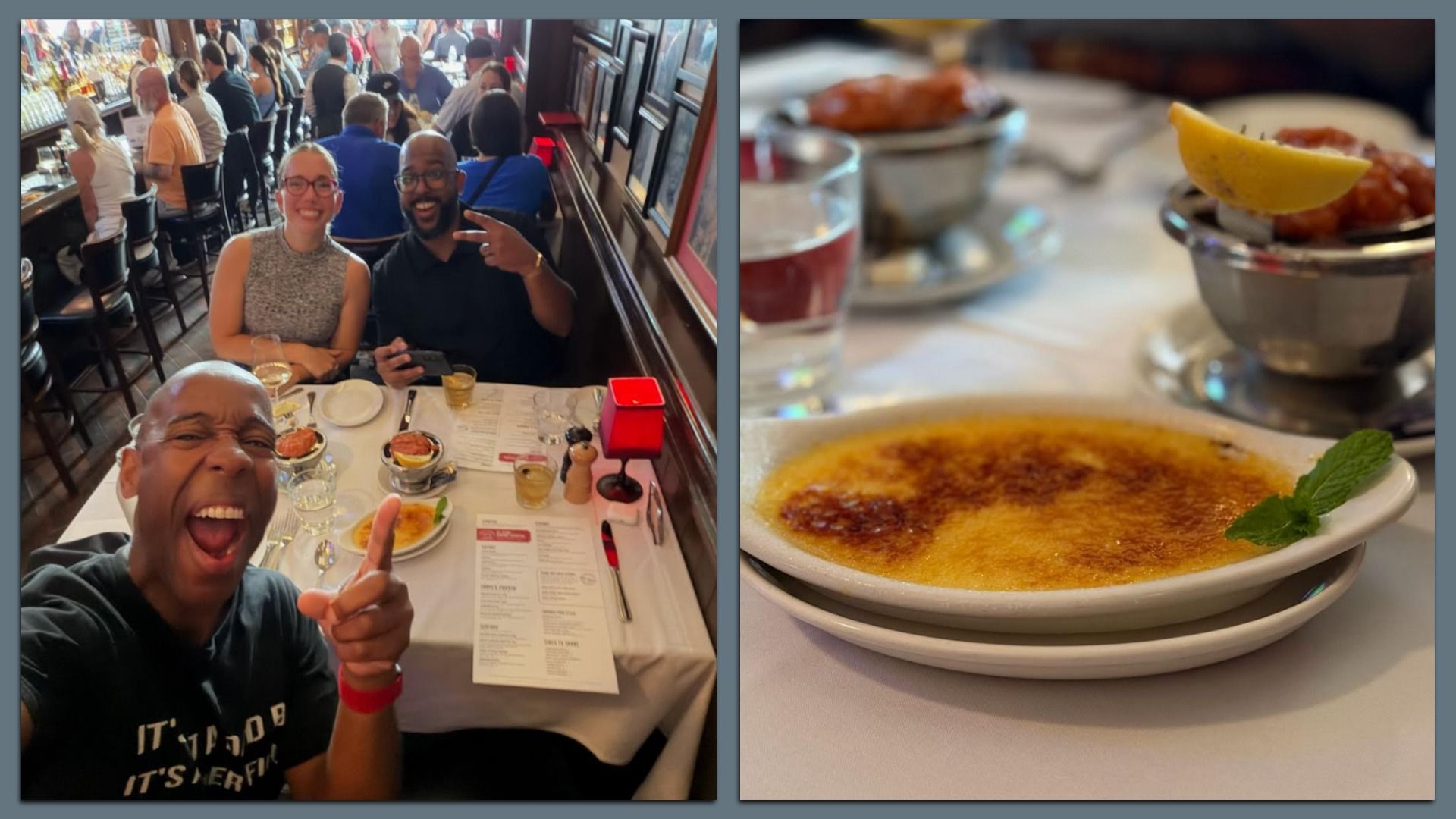 Busy restaurant scene with a smiling couple at a white-tablecloth table; man flashes a peace sign while the woman grins. Right panel shows crème brûlée with a lemon wedge and mint, blurred drinks nearby.