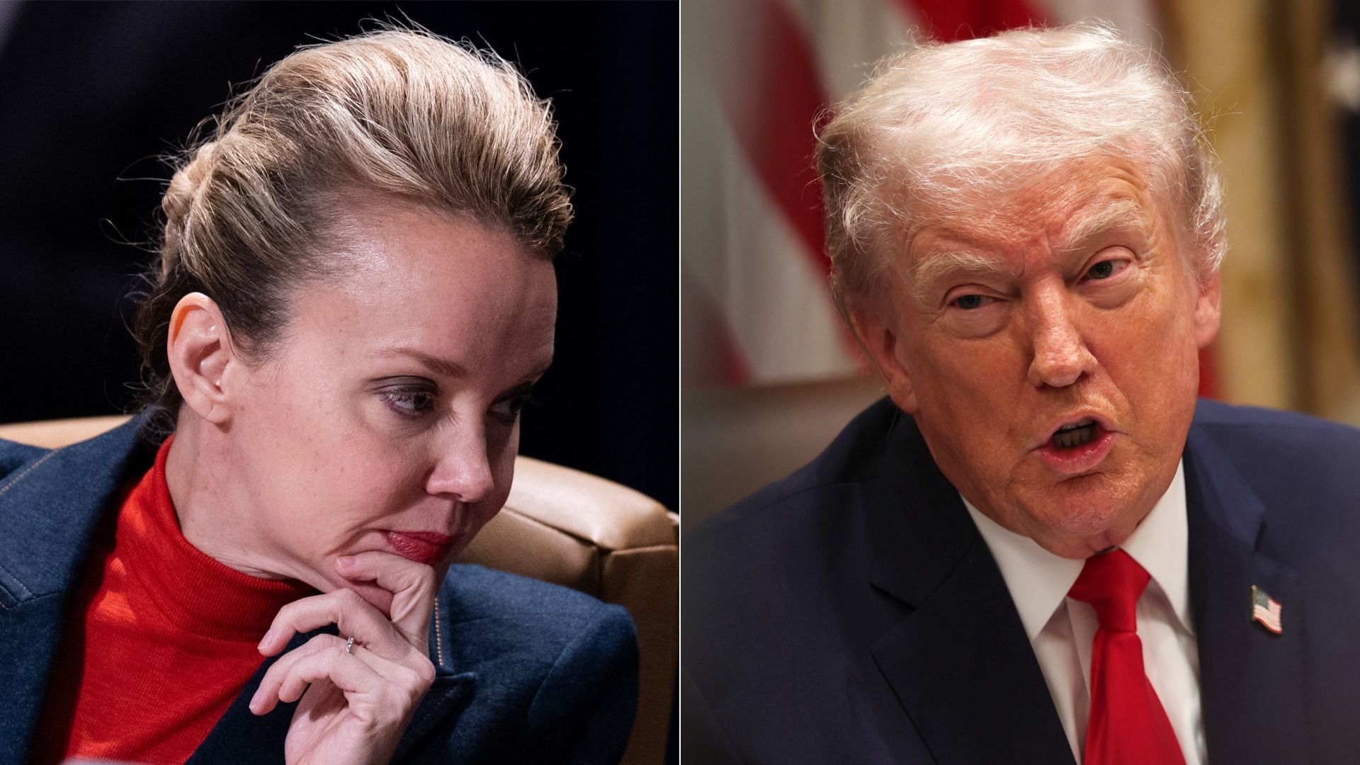 Photos shows headshots of Helena Moreno and Donald Trump in suits.