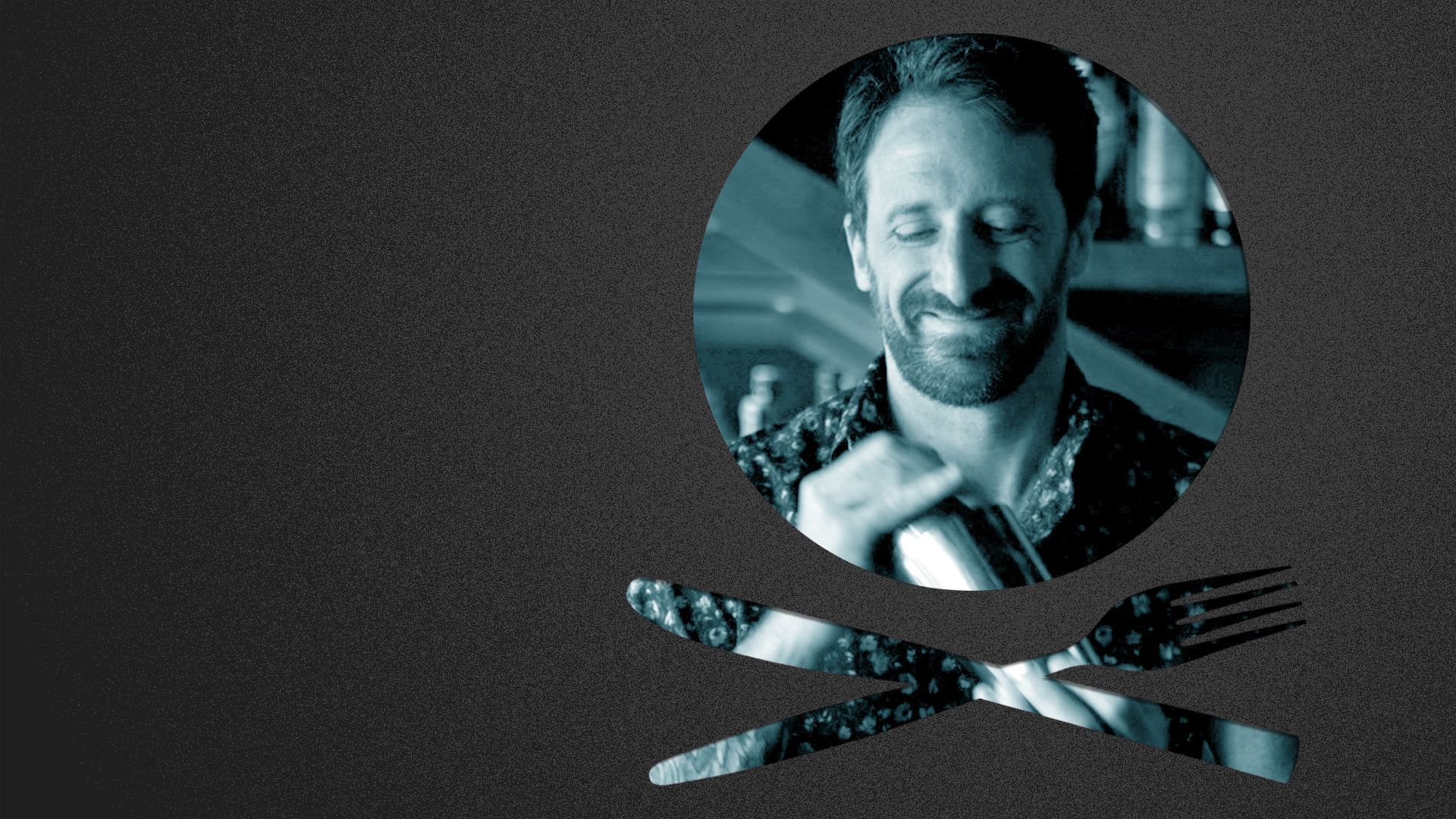 Photo illustration of a place setting shaped like a skull and crossbones containing a photo of Nick Flower.