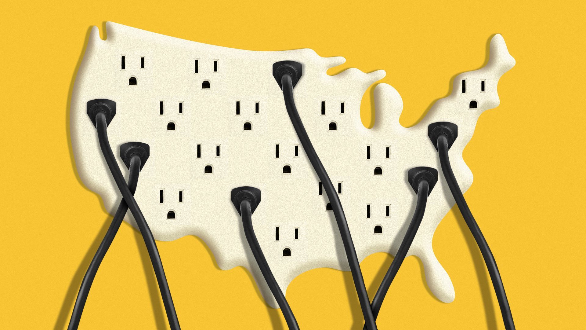Illustration of America as a power strip with multiple electric sockets across the nation, there are a few plugs in sockets. 