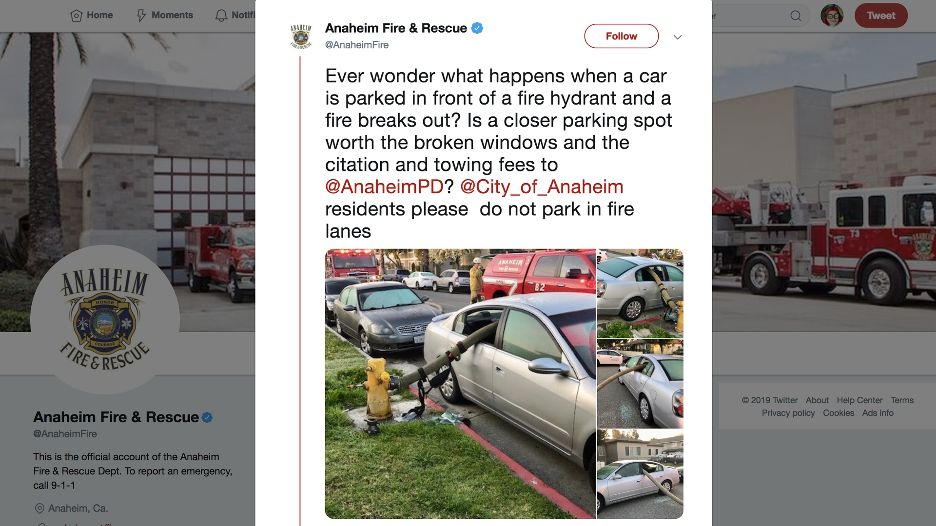 A tweet from the Anaheim Fire Department on what happens if you block a hydrant and fire breaks out