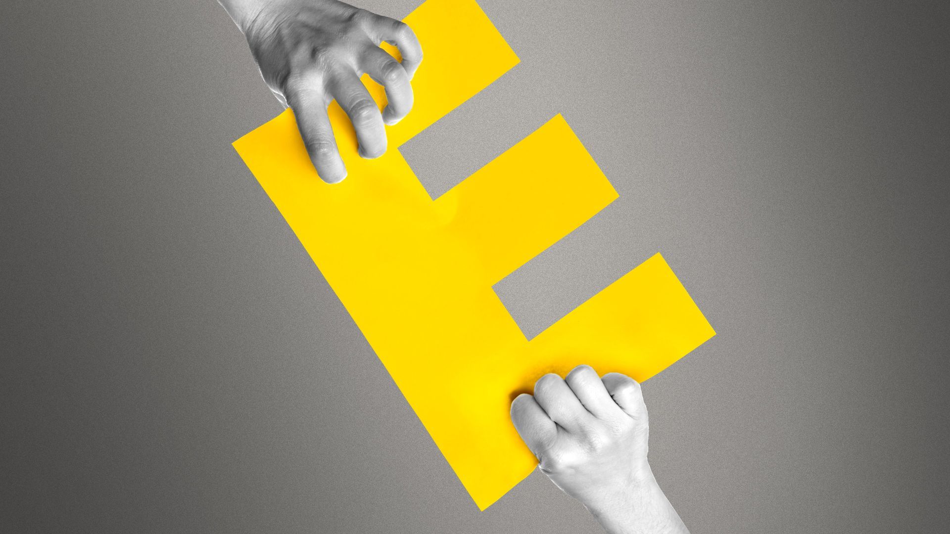 Two hands pulling in opposite directions on a piece of paper shaped like an "E"