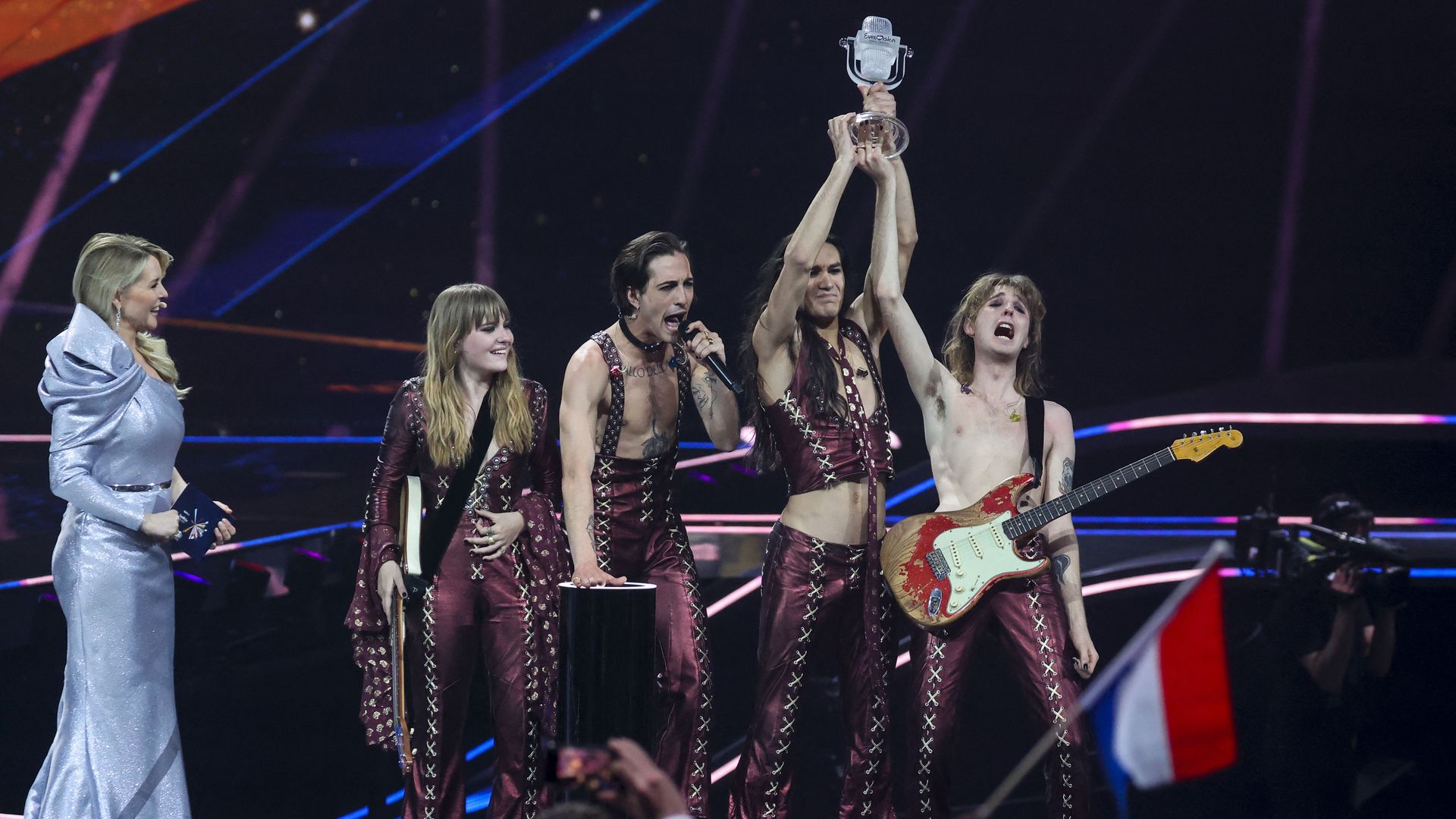  Italy's Maneskin celebrates after winning the final of the 65th edition of the Eurovision Song Contest 2021, at the Ahoy convention centre in Rotterdam, on May 22