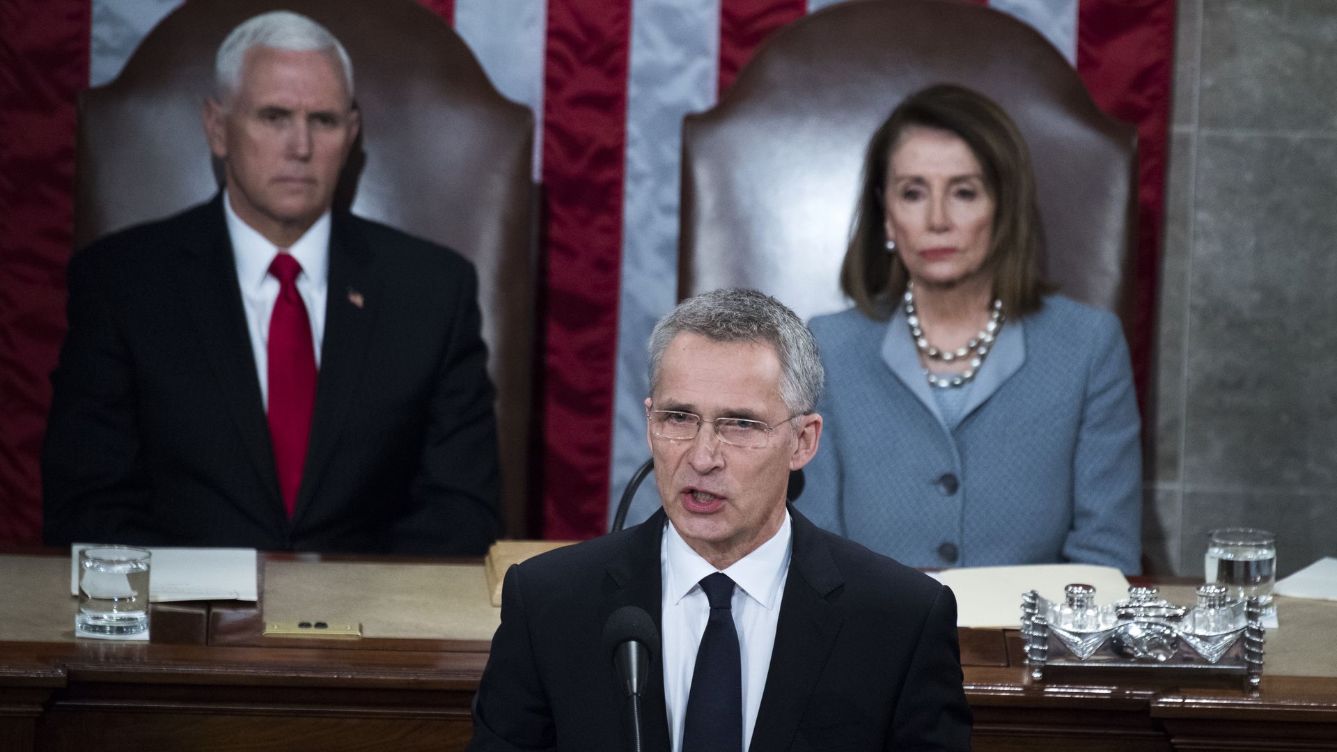 Jens Stoltenberg addressing Congress, with Nancy Pelosi and Mike Pence seated behind him