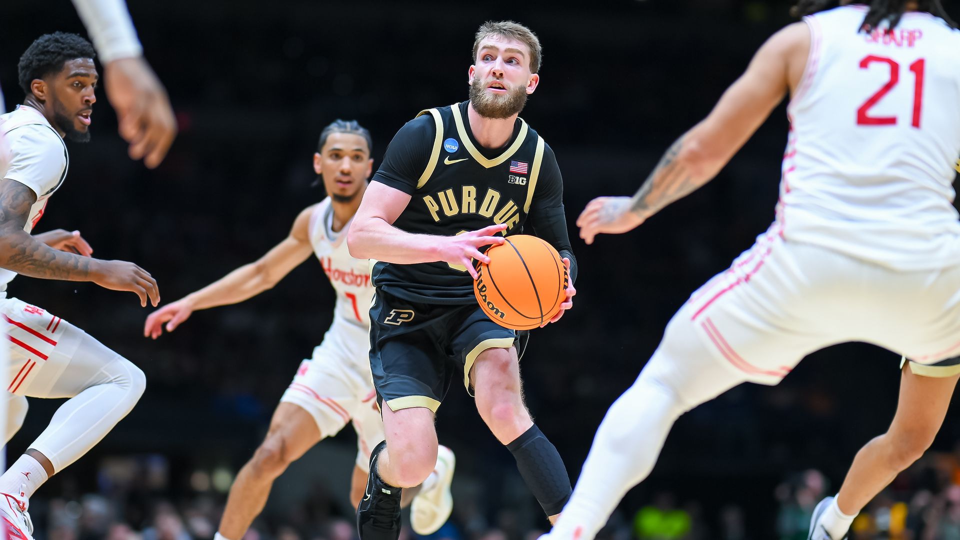 Braden Smith #3 of the Purdue Boilermakers dribbles during the second half against the Houston Cougars in the Sweet Sixteen round of the 2025 NCAA Men's Basketball Tournament held at Lucas Oil Stadium on March 28, 2025 in Indianapolis, Indiana. 