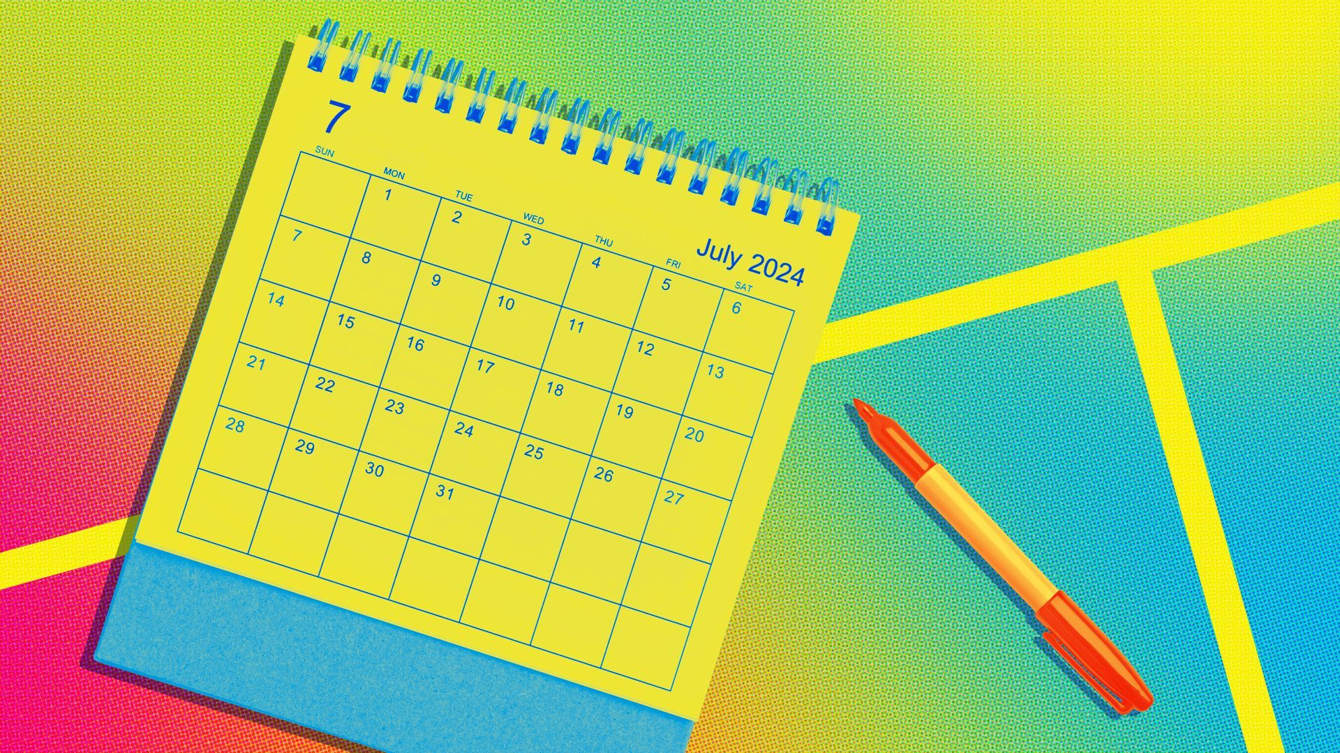 Illustration of a calendar and a colorful gradient background.