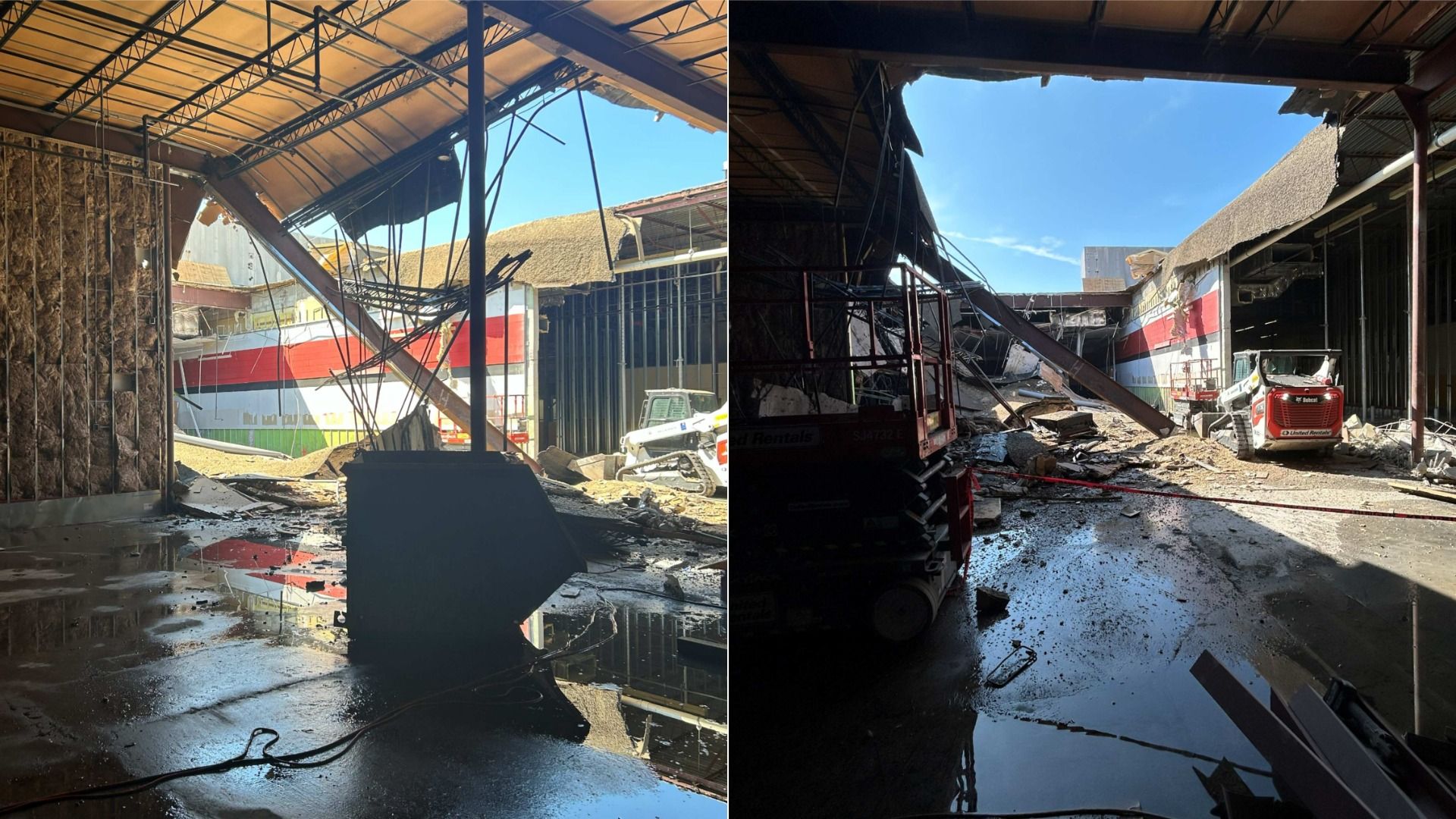 Two-panel view of a damaged warehouse: collapsed roof, twisted steel, and rubble with pooled water on the floor. Red-and-white striped walls, insulation, and construction trucks outside under blue sky.