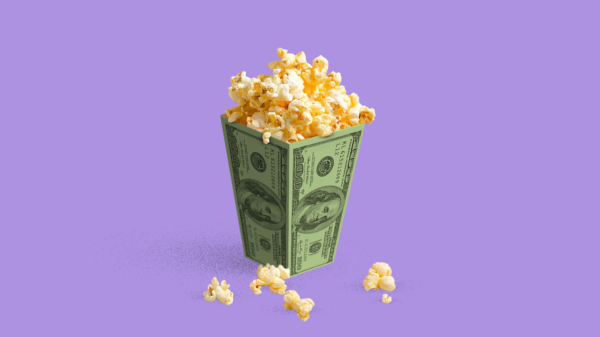 Illustration of a box of popcorn with hundred dollar bills as the sides that is overflowing with popcorn.