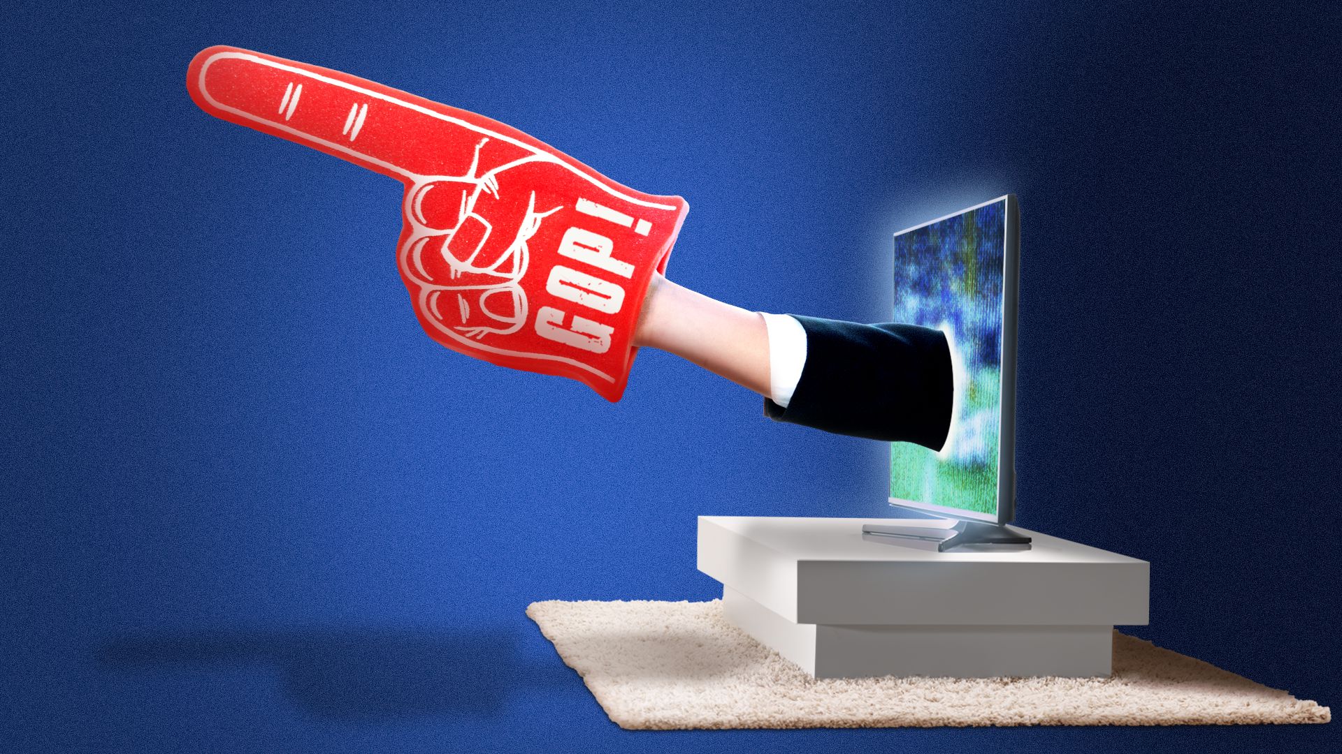 Illustration of a giant foam hand that reads "GOP!" coming out of a television