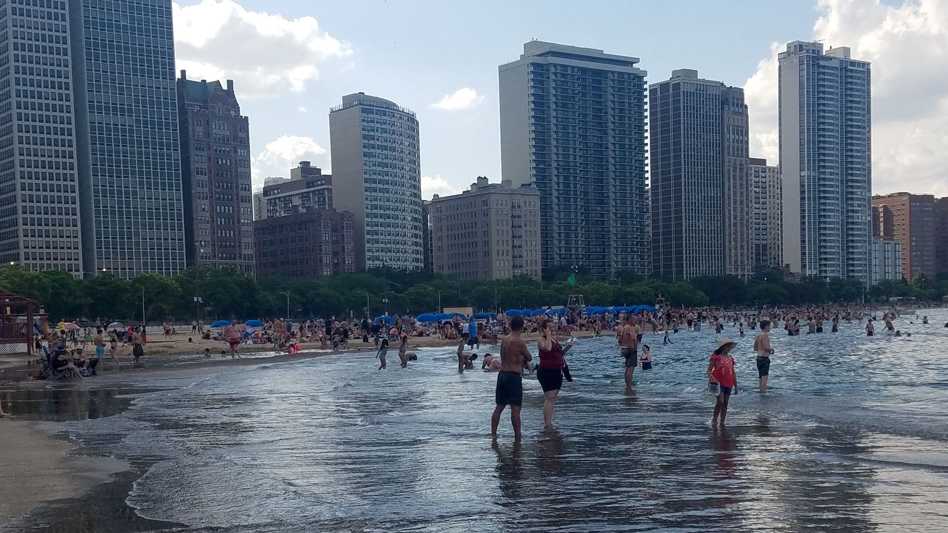 People swim in Lake Michigan