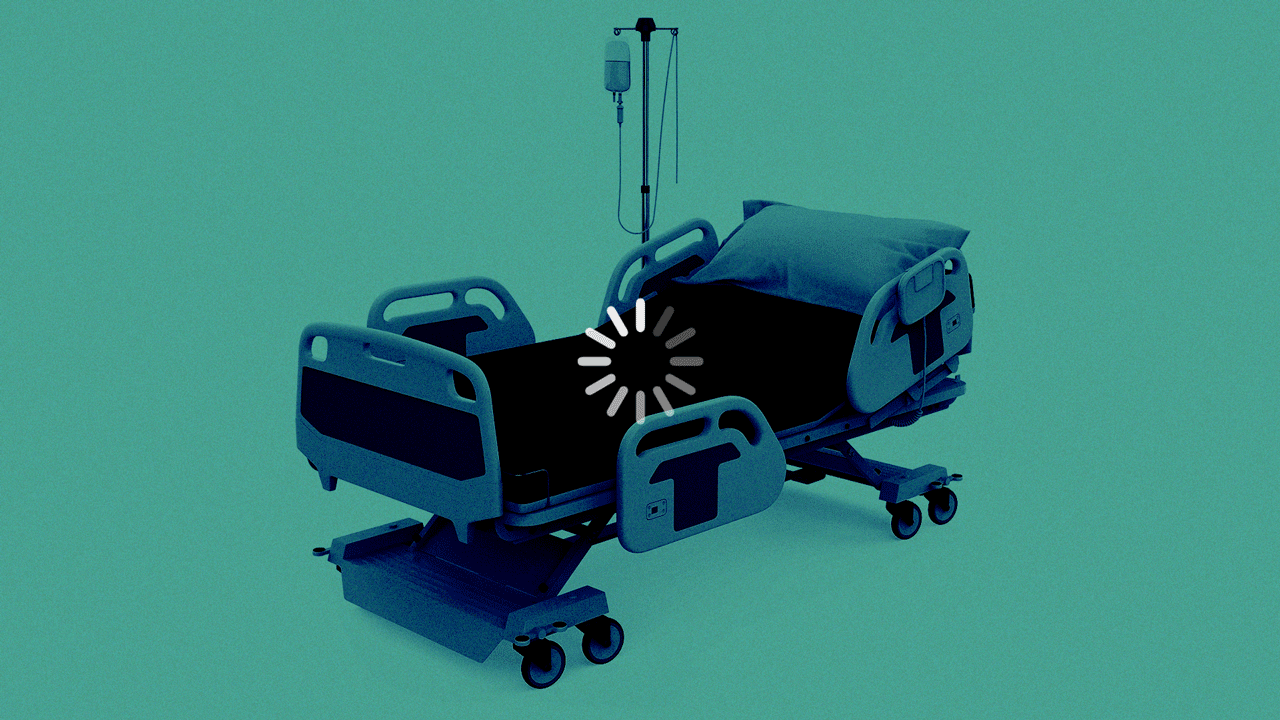 Animated illustration of a hospital bed with a loading symbol rotating on top