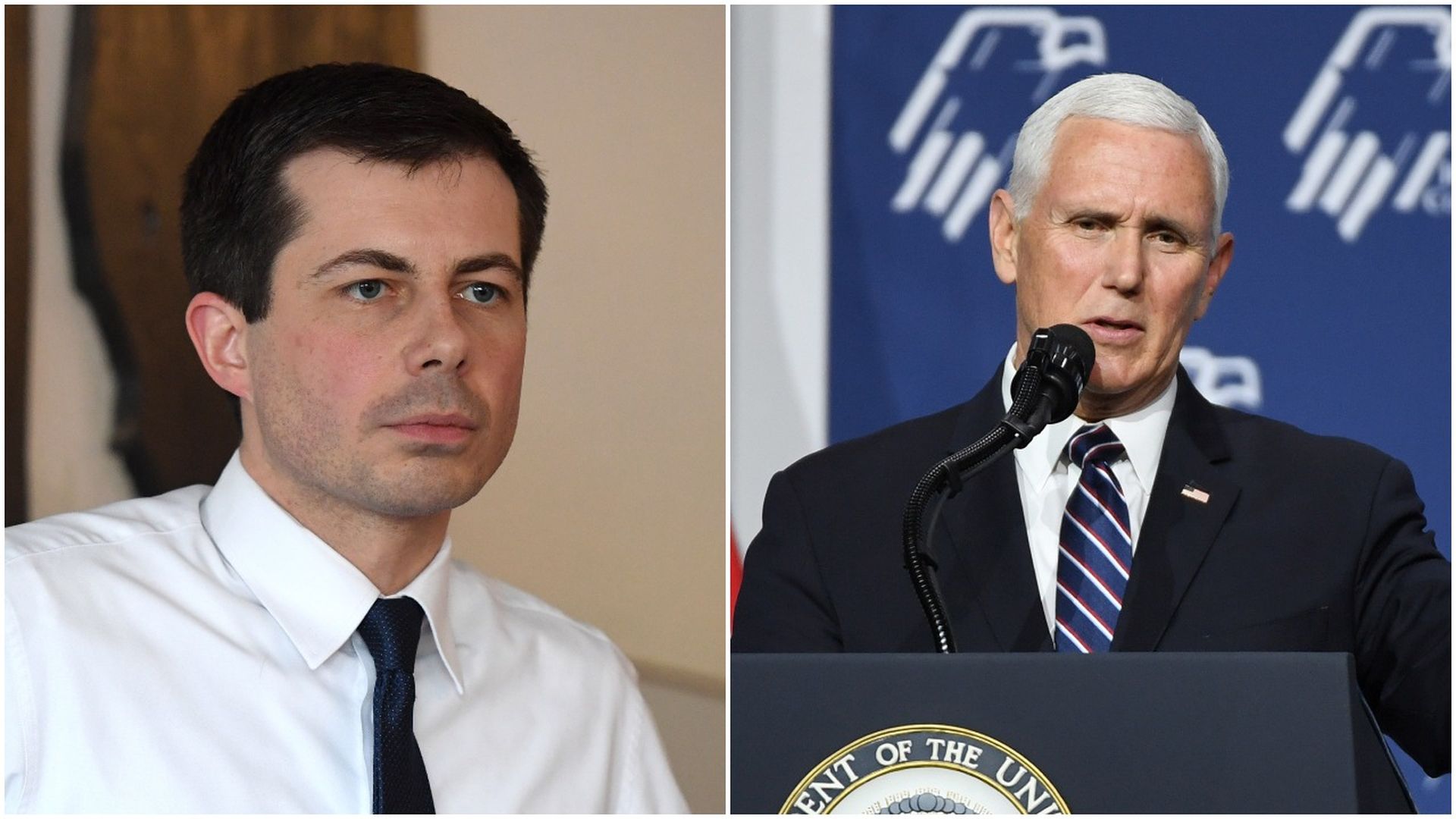 This image is a split screen of Buttigieg, who stands and listens in a white shirt and tie, and Mike Pence, who stands behind a podium and speaks.