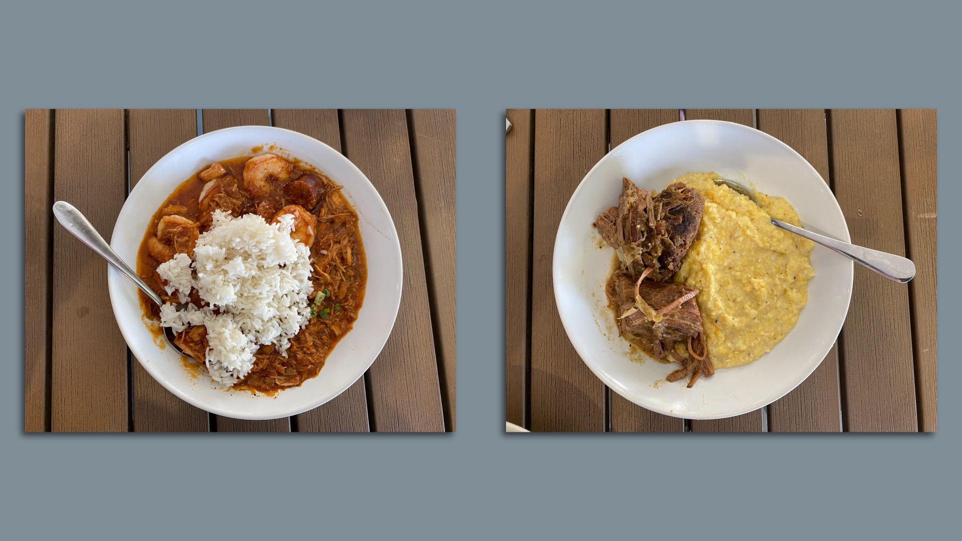 A bowl filled with white rice and a red stew with sausage and shrimp, and a bowl filled with yellow grits and chunks of roast beef. 
