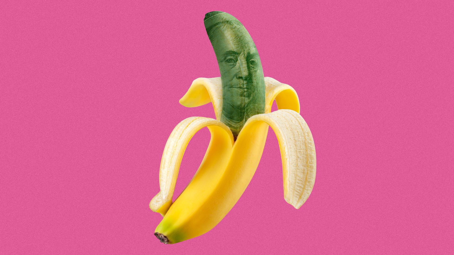 Illustration of a peeled banana made of money.