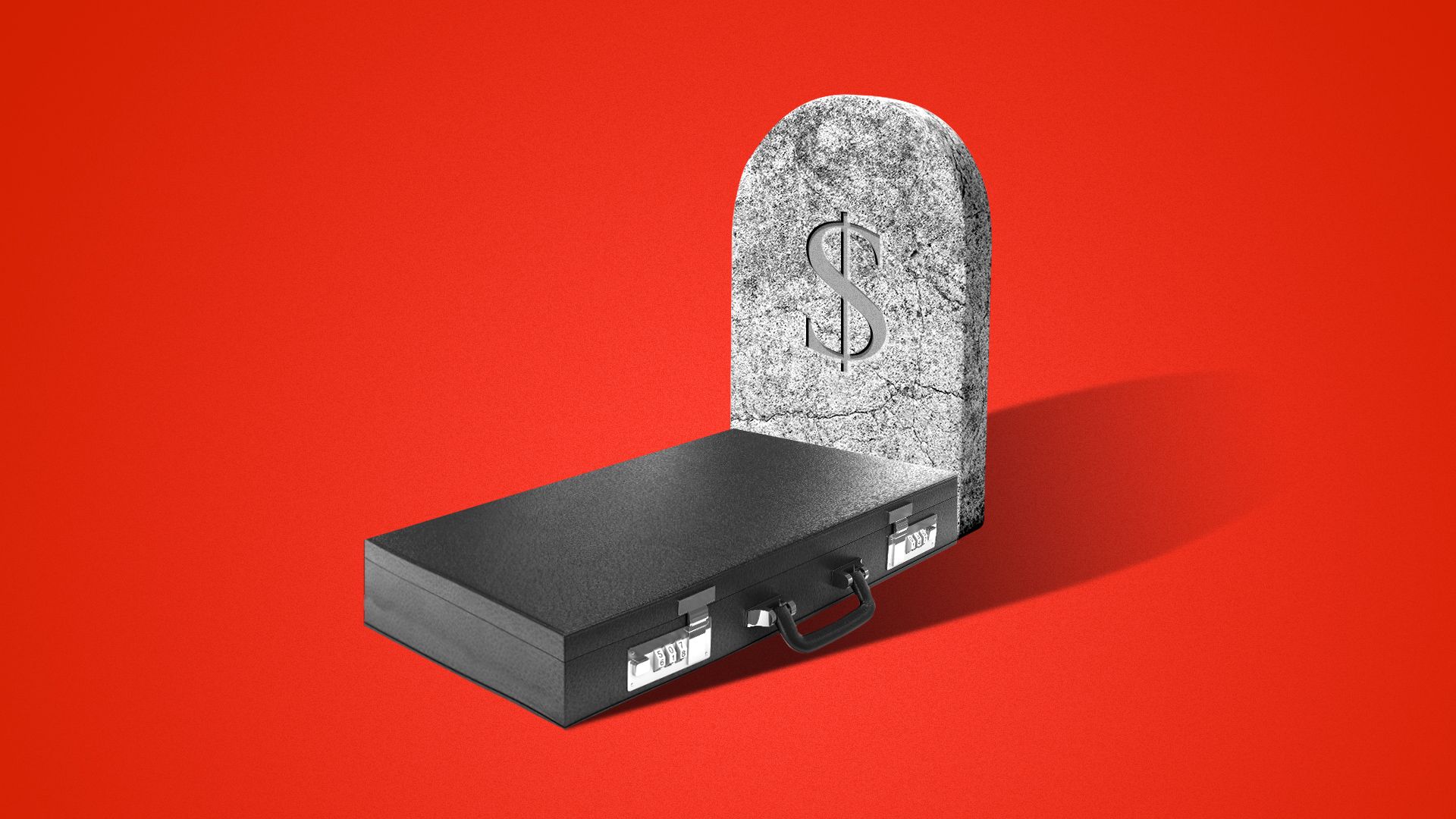 Illustration of a briefcase in front of a gravestone that reads "$".
