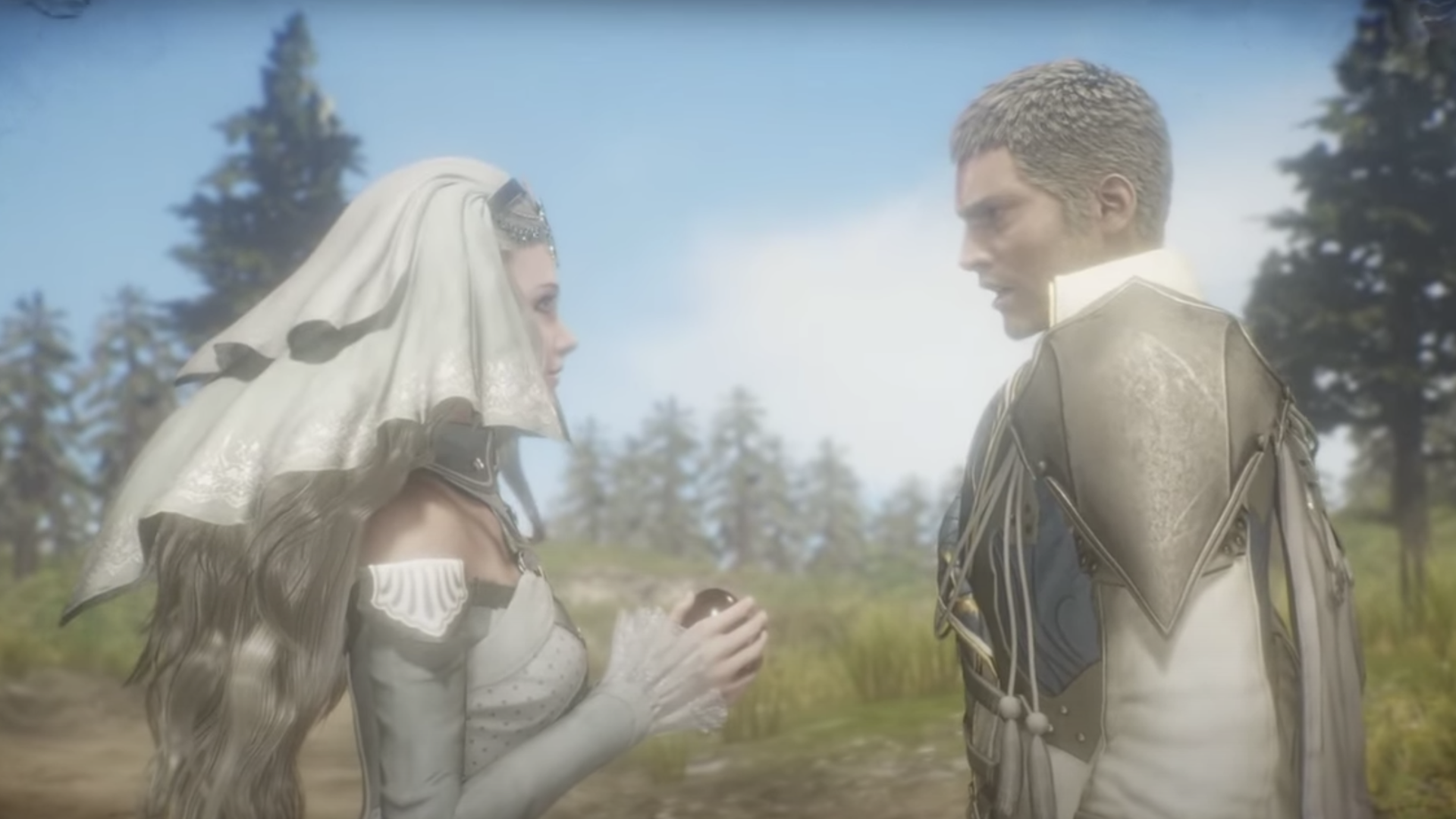 Video game trailer screenshot of a man and a woman talking to each other. 