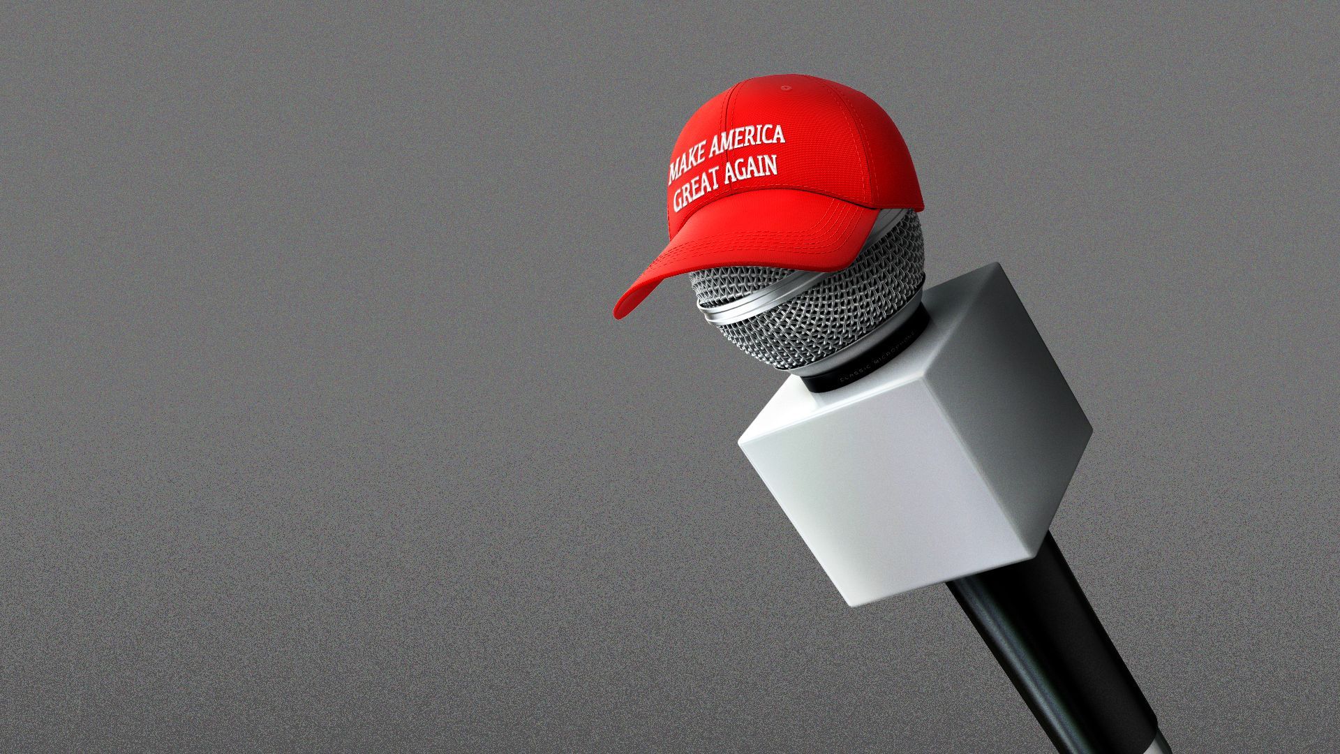 Illustration of a news anchor microphone wearing a MAGA hat.