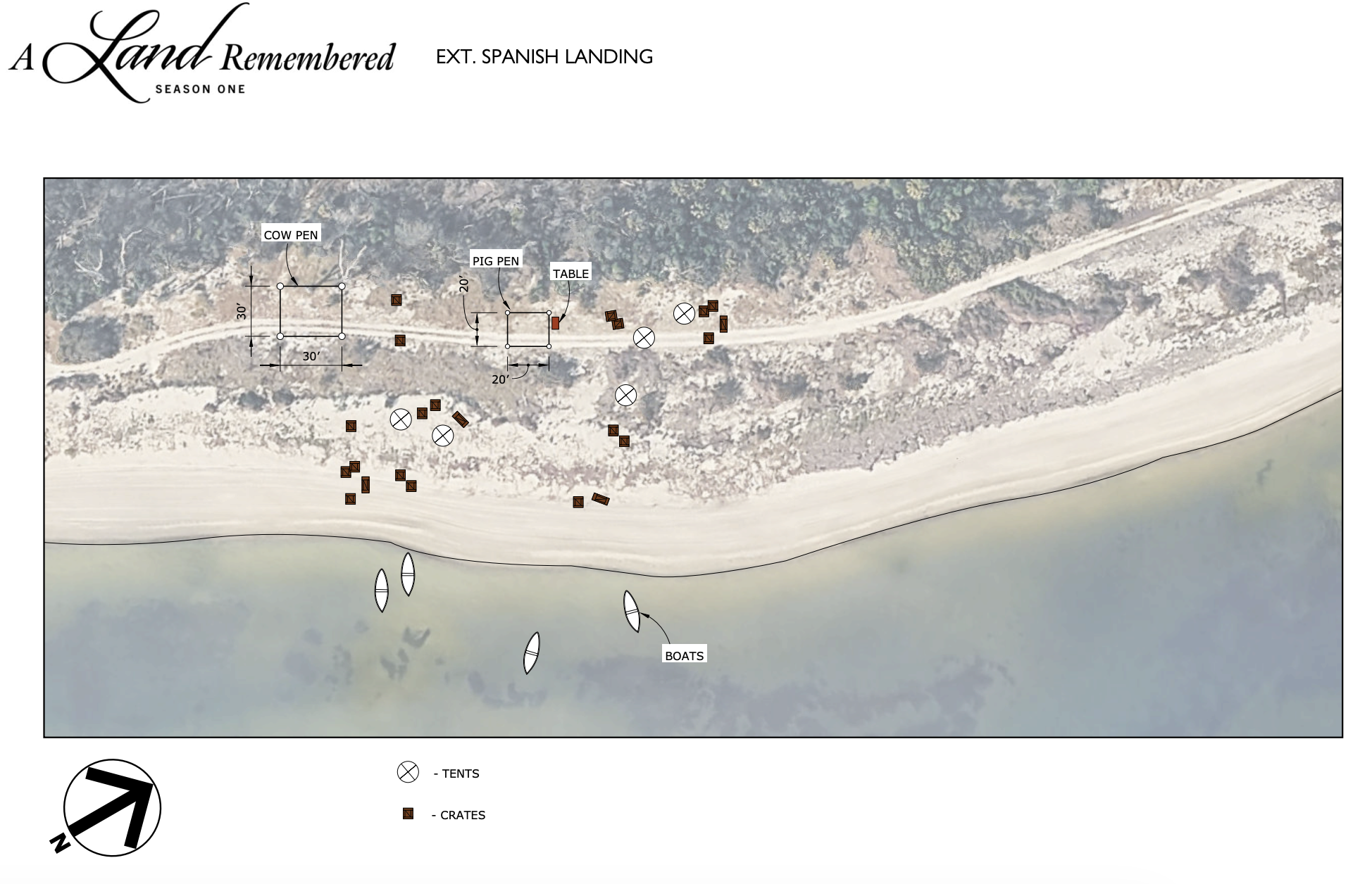 An aerial map titled "A Land Remembered" EXT. SPANISH LANDING showing a coastal campsite with tents, crates, animal pens, tables, boats along the shore, dunes, water, and a compass rose bottom-left.