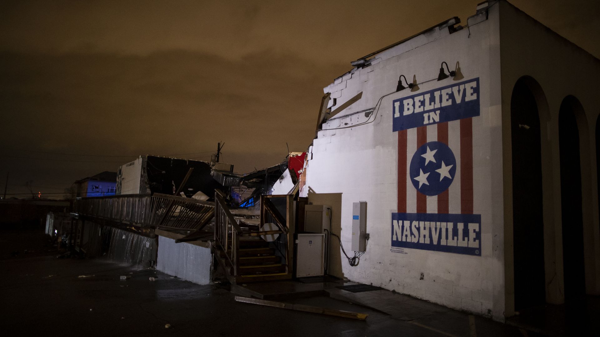 A  heavily damaged mural in East Nashville