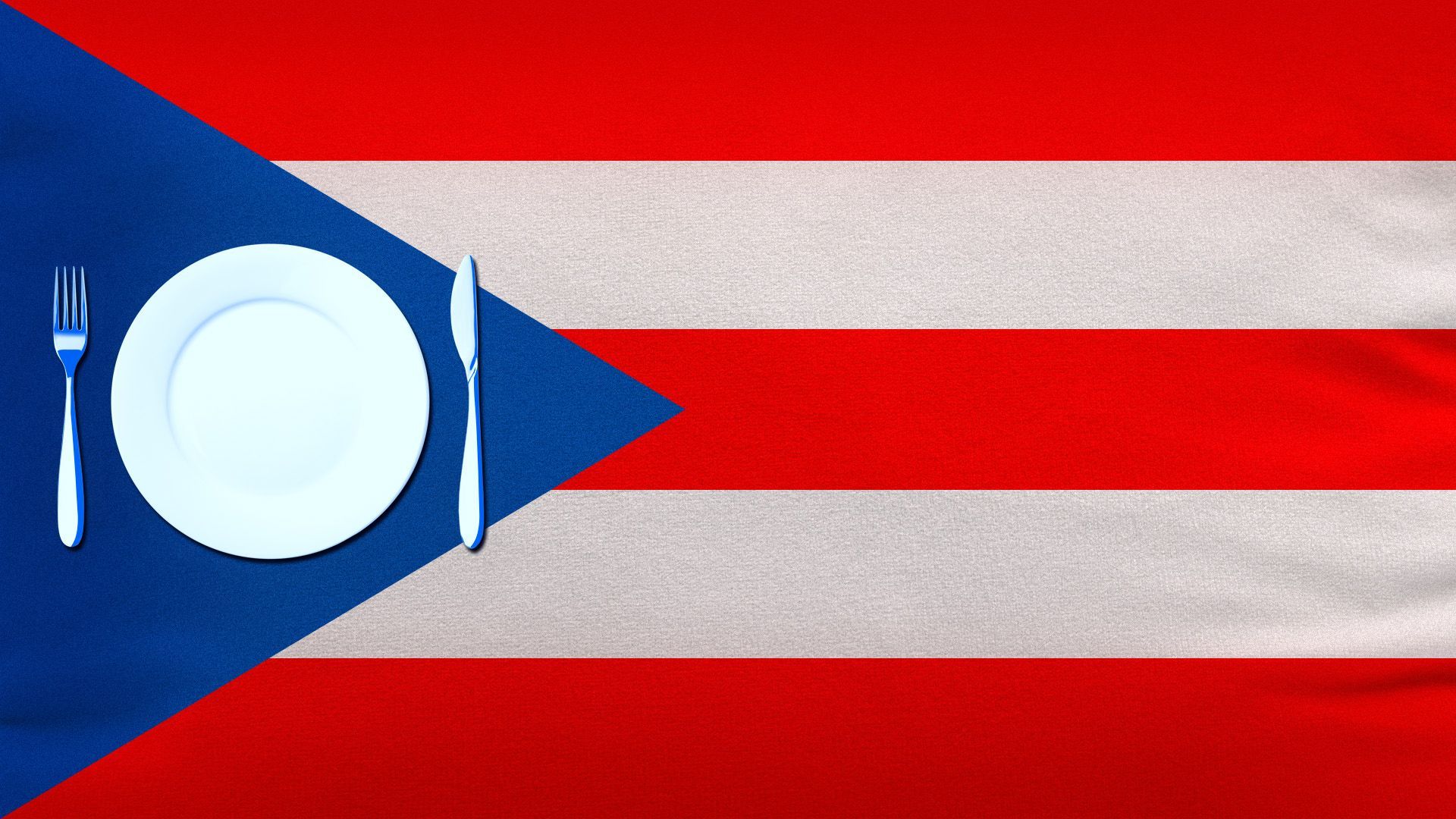 Illustration of the Puerto Rican flag with a plate, fork, and knife over the star