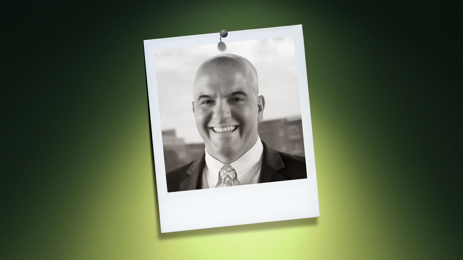 Photo illustration of Jim Pfaendtner, dean of N.C. State's college of engineering, in a polaroid photo lit by a lime-green light. 