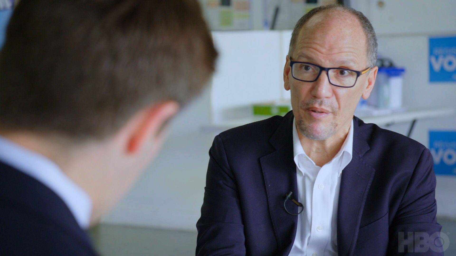 Tom Perez talking to Axios' Jonathan Swan in an interview for "Axios on HBO"