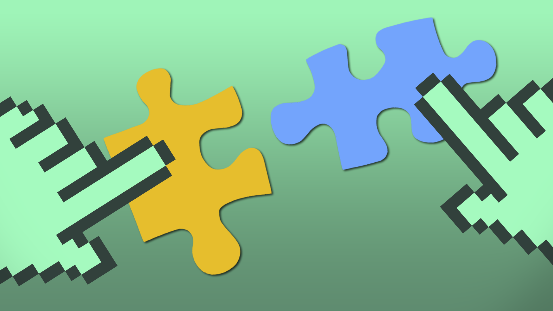 Gradient green background with two large interlocking puzzle pieces, yellow left and blue right, casting subtle shadows; black zigzag ladder shapes with mint-green strips run diagonally across.