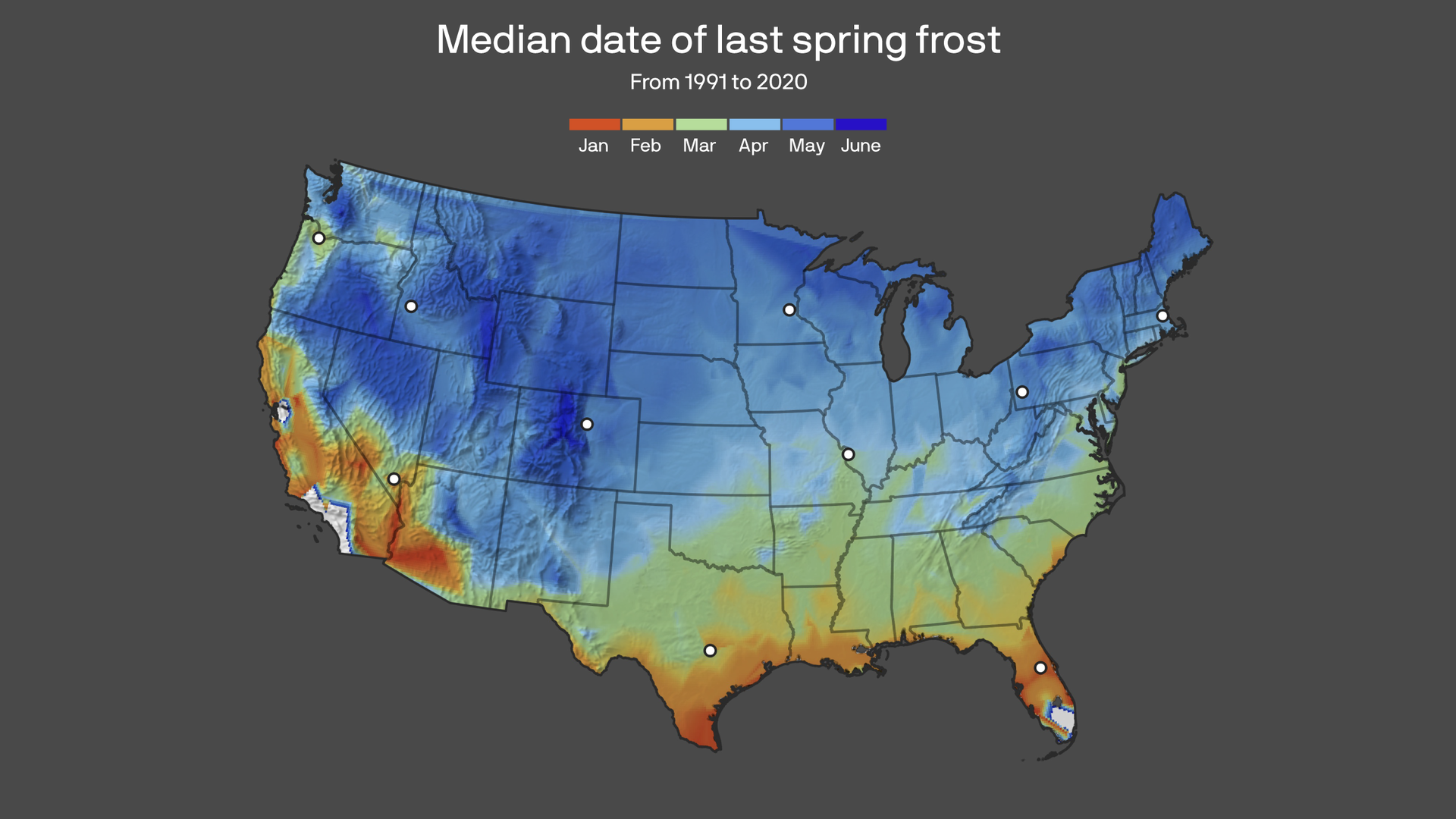 A map of the U.S. with the median dates for the last spring frost. 