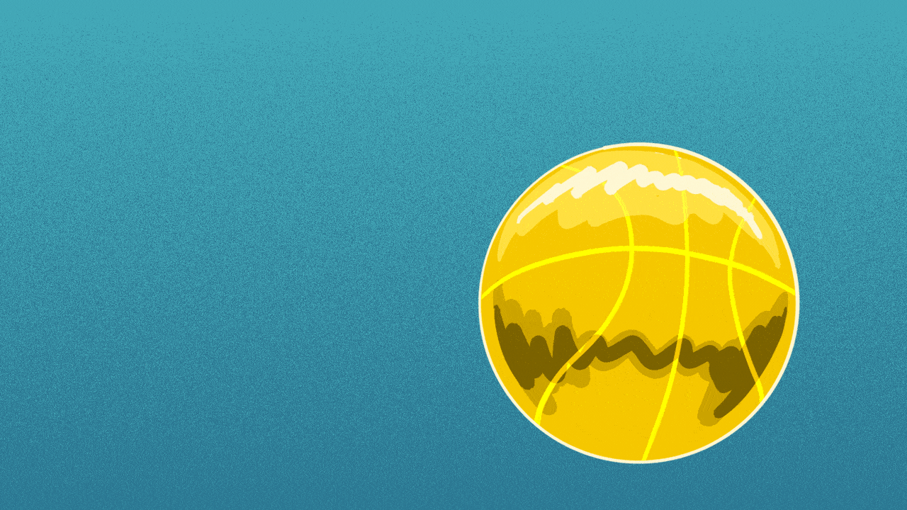 Illustration of a basketball alternating between being coated in gold or bursting into flames.