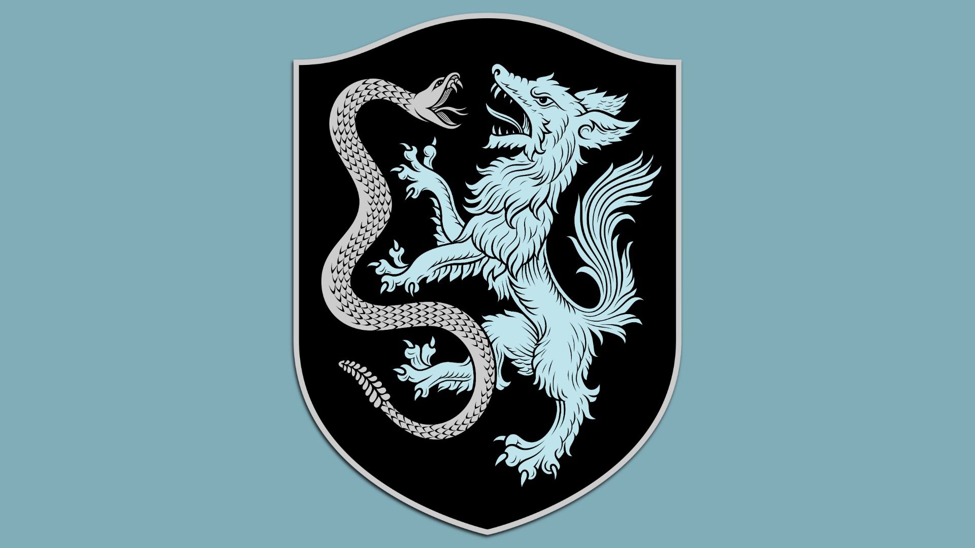 A crest logo with a blue background. the crest is a rattlesnake and wolf fighting