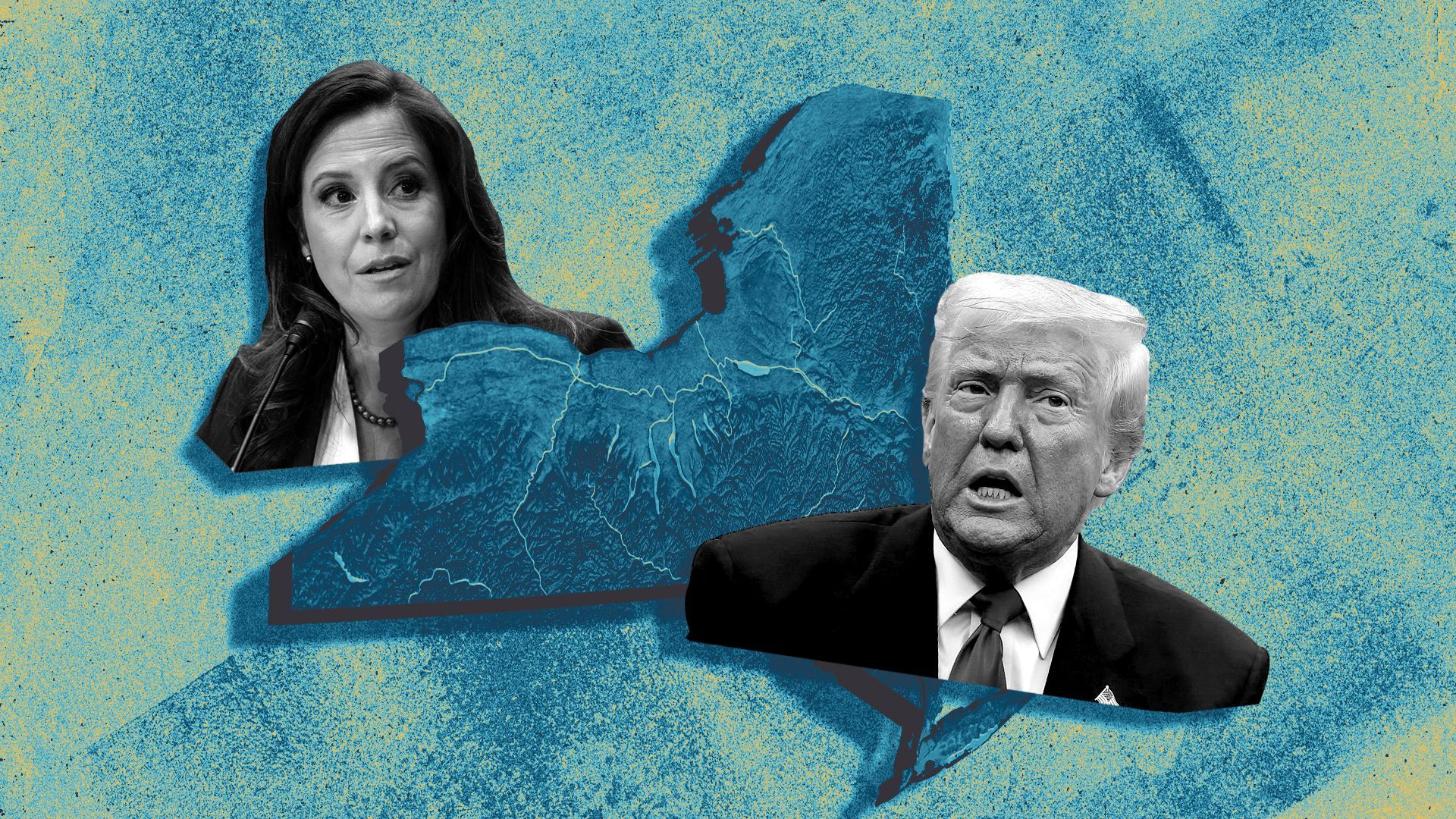 Photo illustration of a collage featuring Elise Stefanik, Donald Trump and the state of New York.