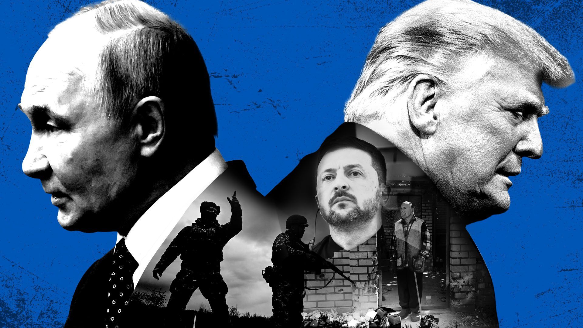 Photo illustration of  Russian President Vladimir Putin and President Donald Trump with Ukrainian President Volodymyr Zelensky and various photos from the war in Ukraine