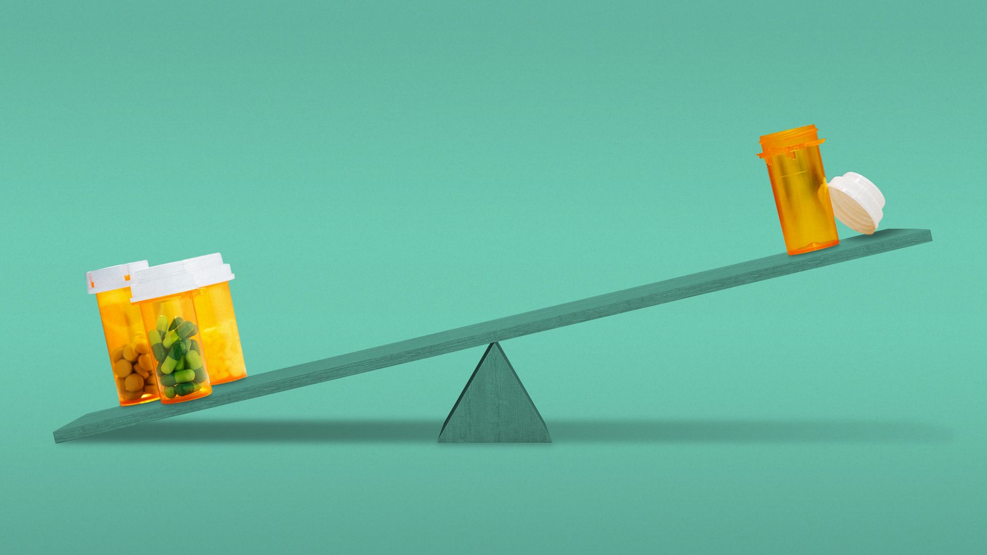 Illustration of a seesaw with full prescription bottles on one side and an empty bottle on the other.