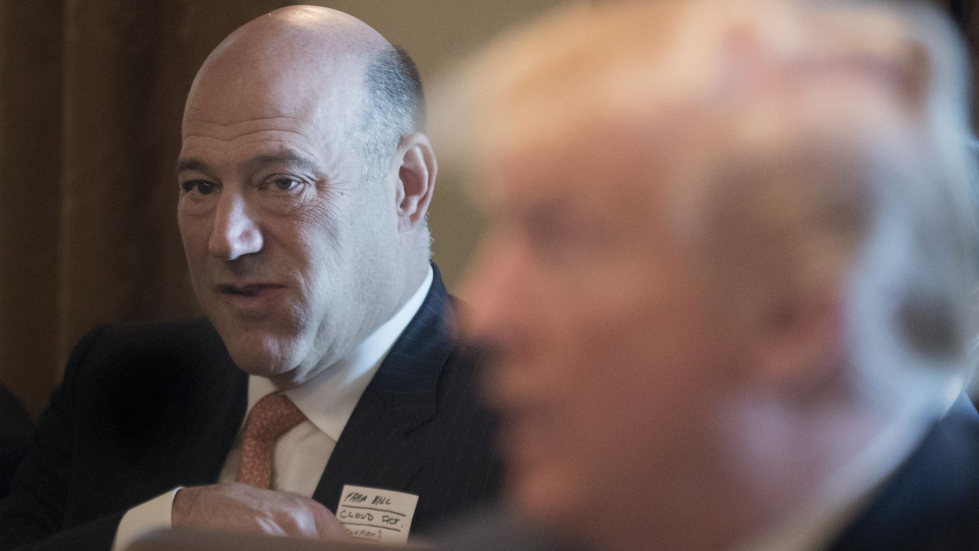 Gary Cohn (Back) listens to US President Donald J. Trump (front) deliver remarks during a meeting with members of his Cabinet, in the Cabinet Room of the White House
