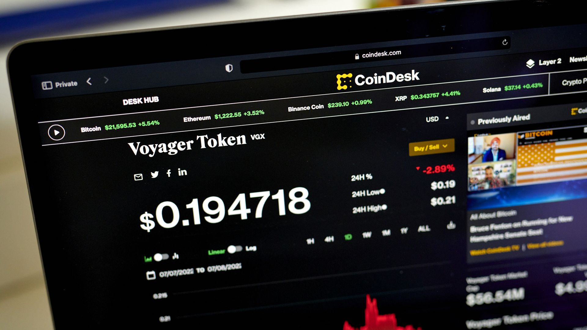 Voyager Digital on the Coindesk website on a laptop computer in the Brooklyn borough of New York, US, on Friday, July 8, 2022.