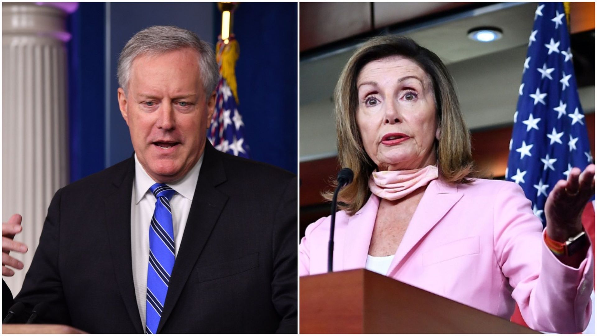 Split screen of Mark Meadows and Nancy Pelosi at separate press conferences