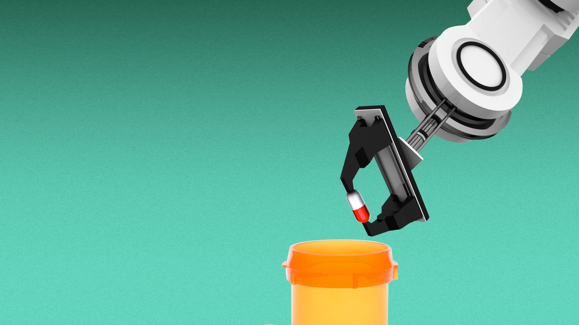 Illustration of a robot arm dropping a pill into a prescription bottle.