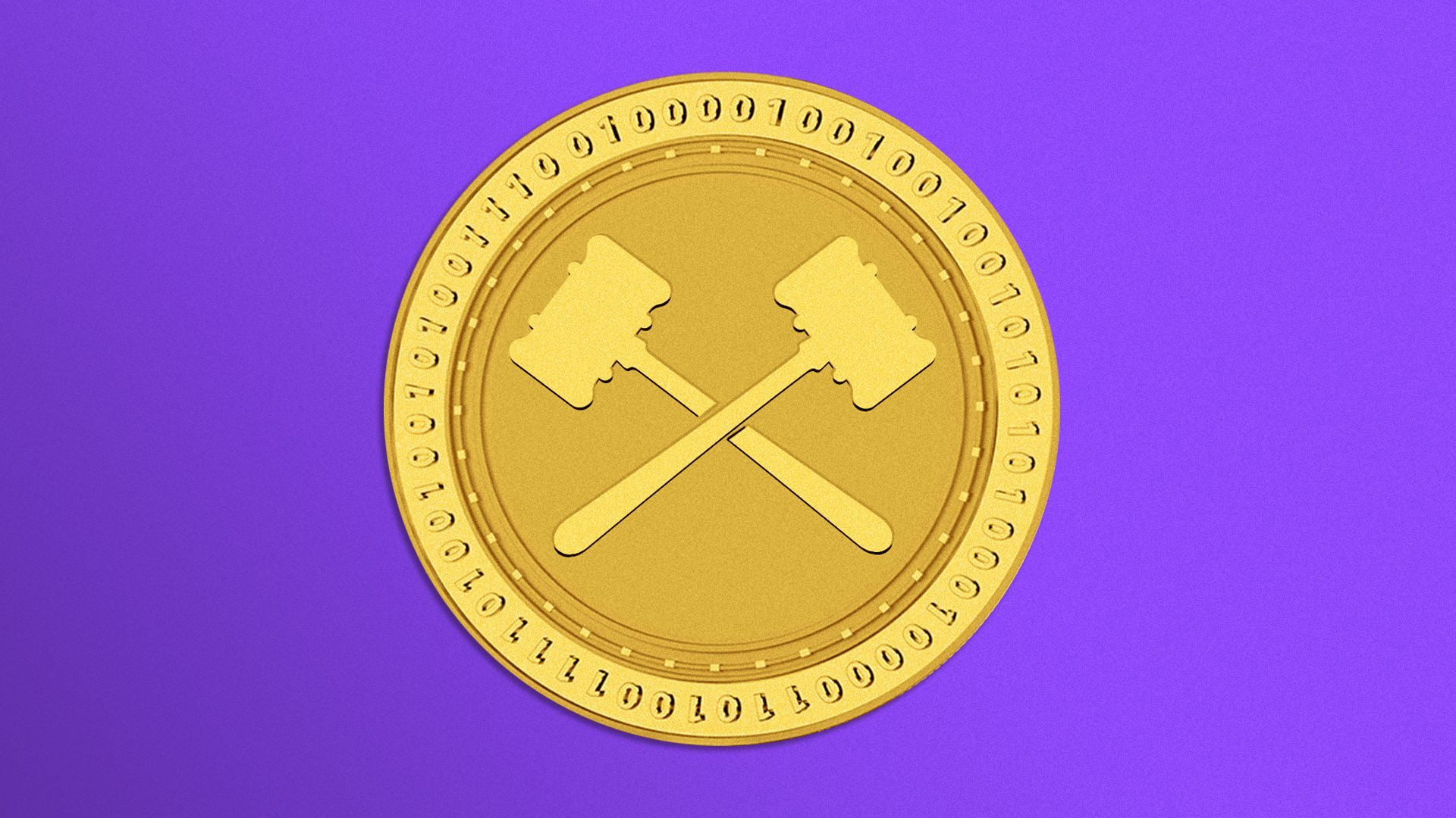 Illustration of a crypto coin with crossed gavels on it. 