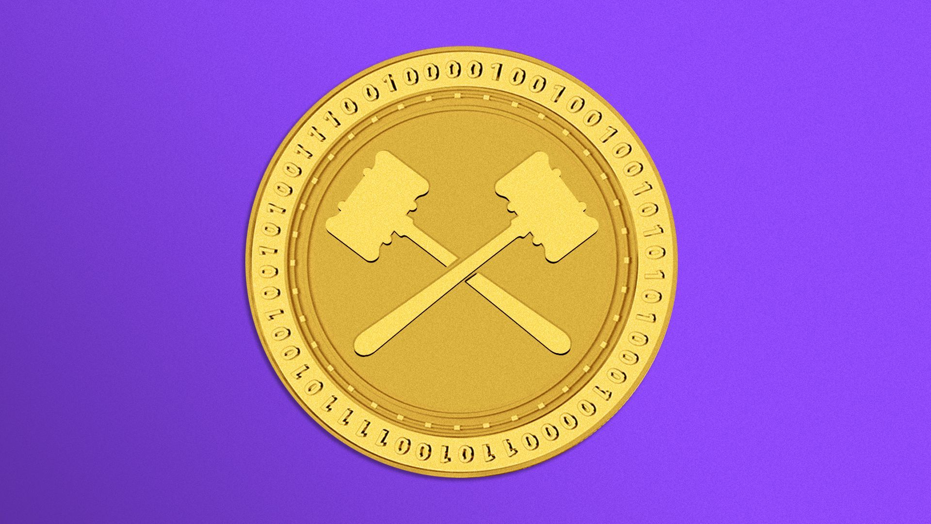 Illustration of a crypto coin with crossed gavels on it.