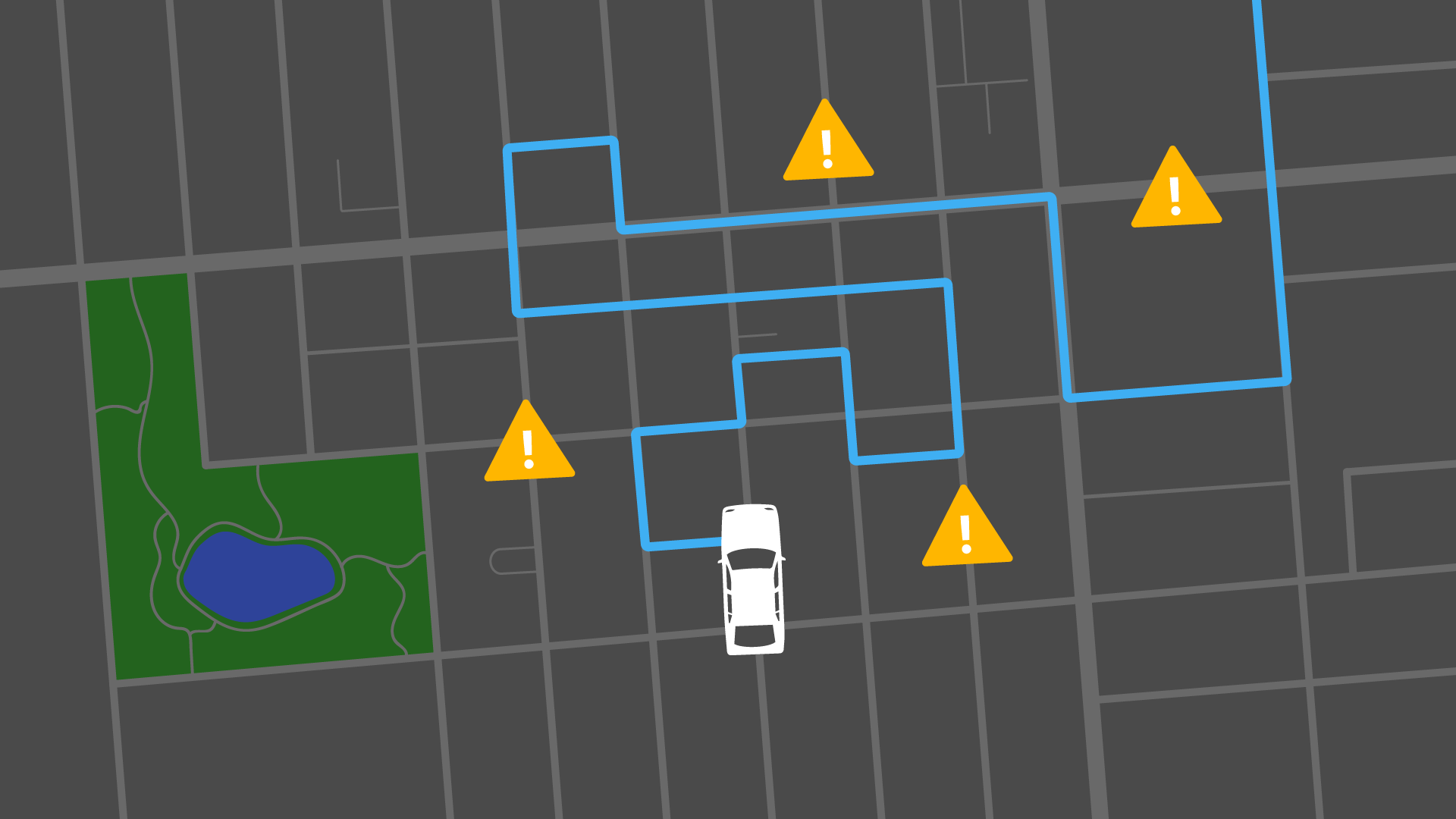 Uber route map with hazard signs placed on a twisty route