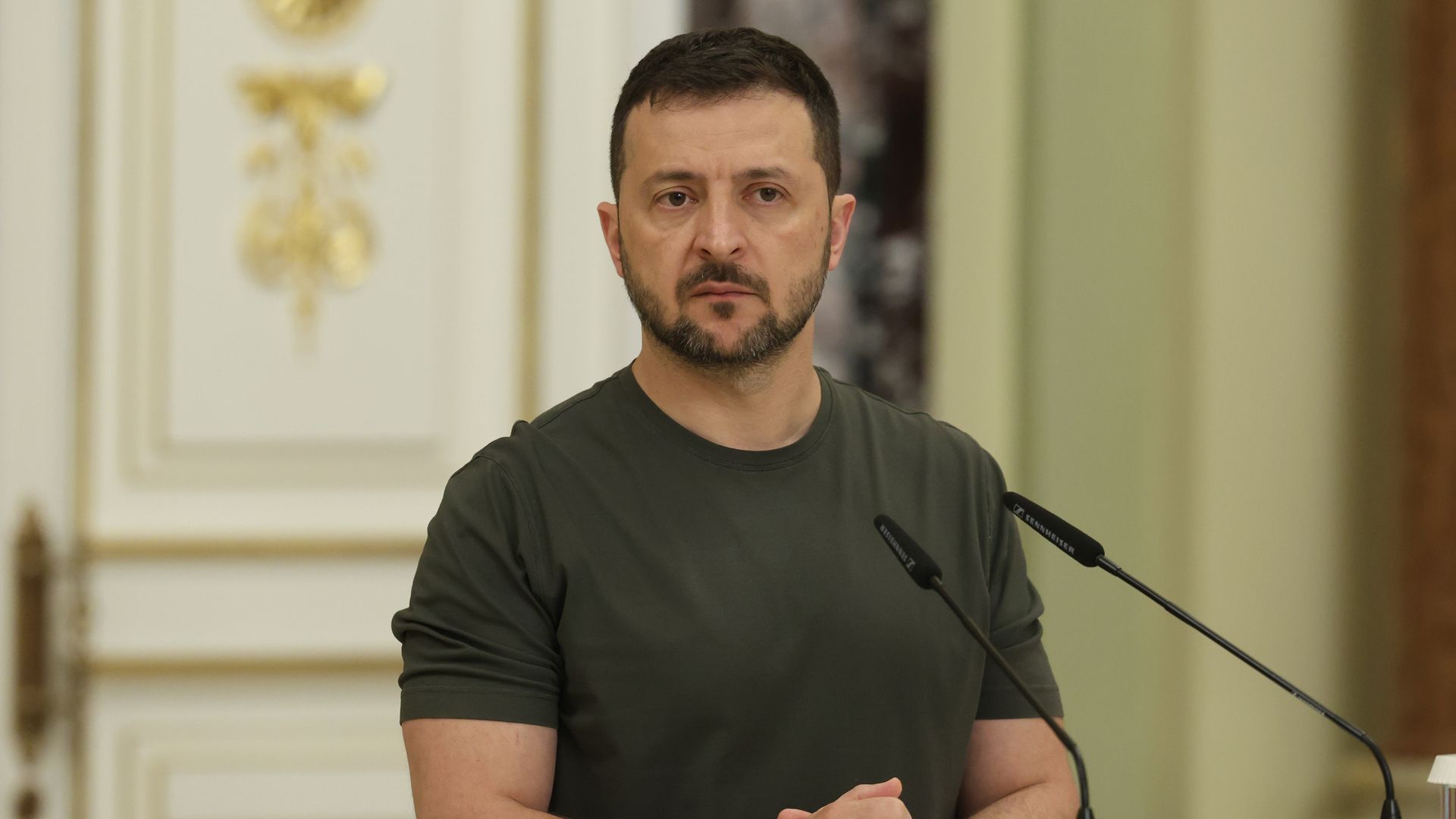  President of Ukraine Volodymyr Zelenskyy talks during a joint press conference on September 20, 2024 in Kyiv, Ukraine. 