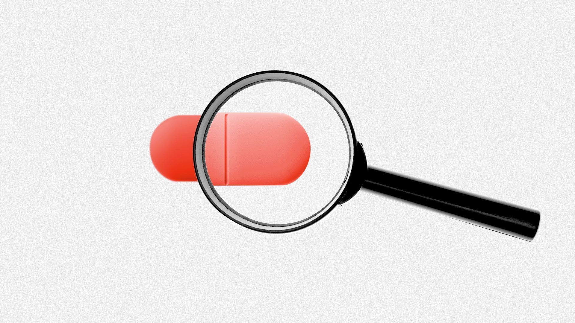 Illustration of a magnifying glass inspecting a pill