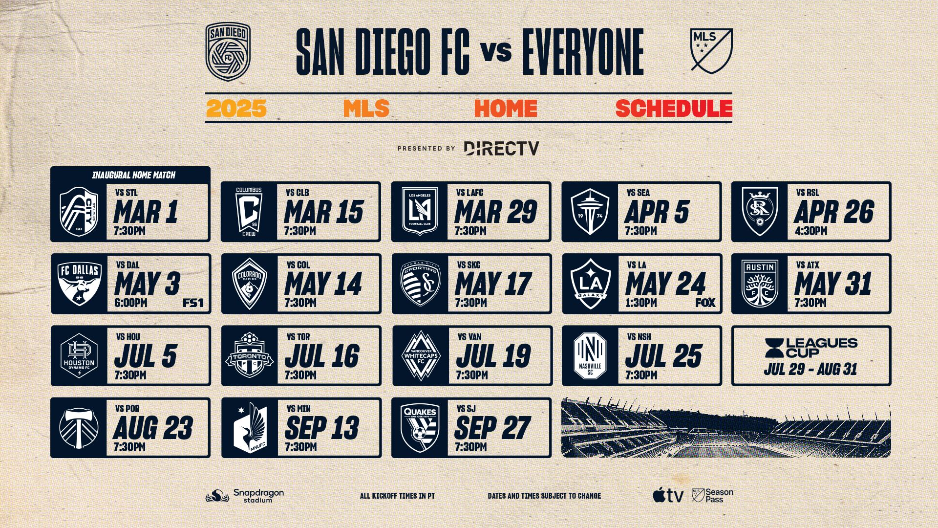 A graphic of San Diego FC's schedule for home games.