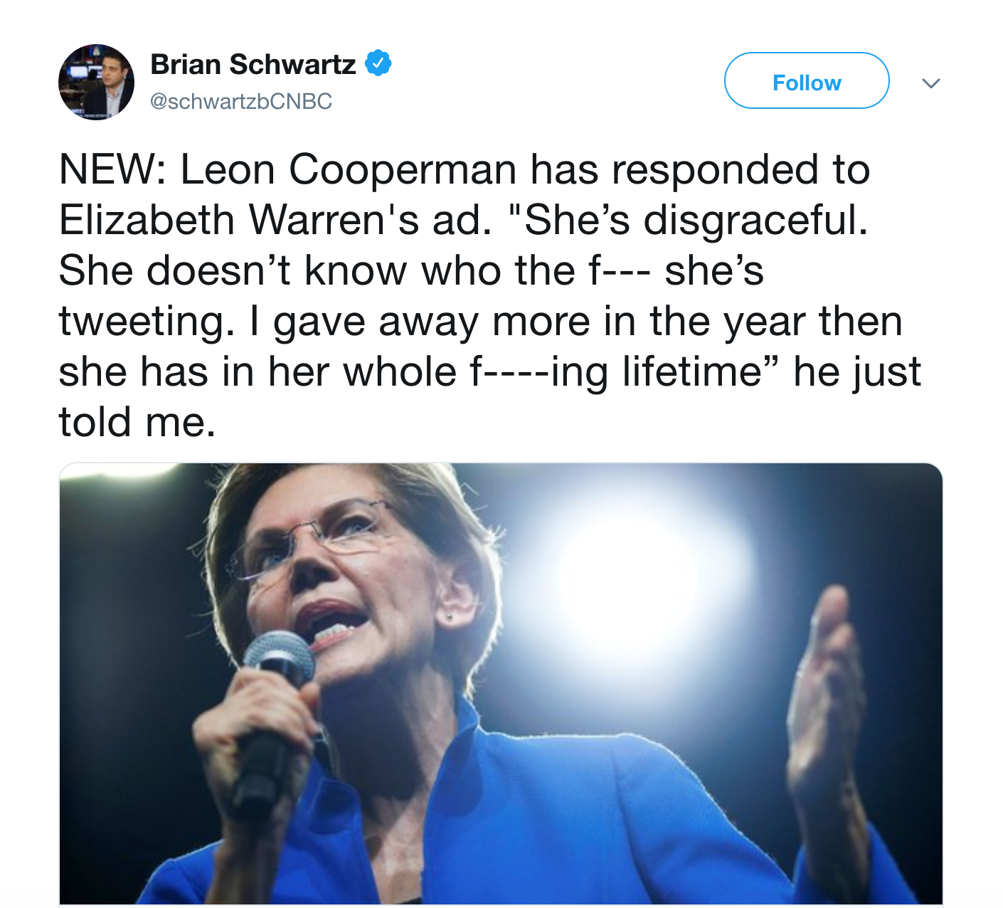 Screenshot of a tweet from CNBC reporter Brian Schwartz detailing text of his exchange with Leon Cooperman.