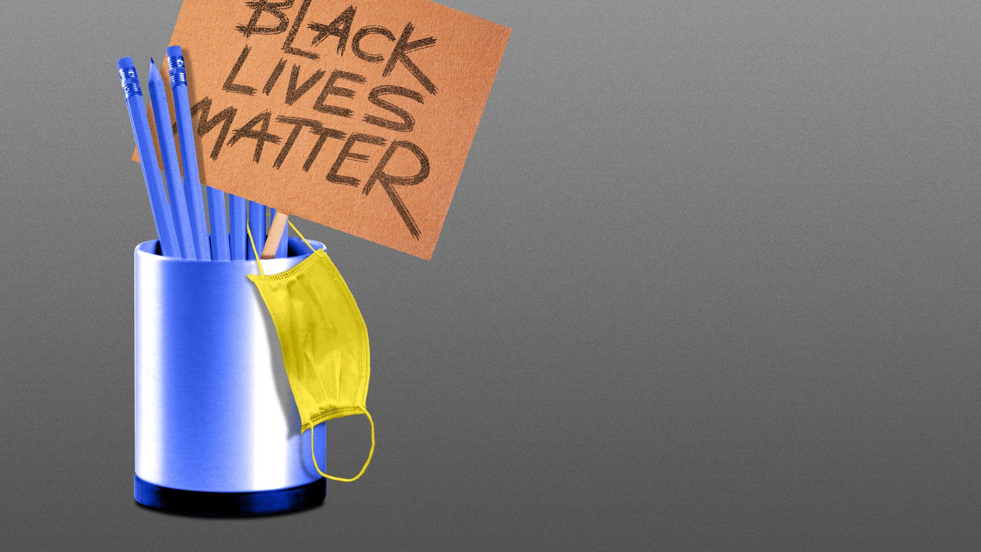 Illustration of pencil cup with draped face mask and BLM protest sign