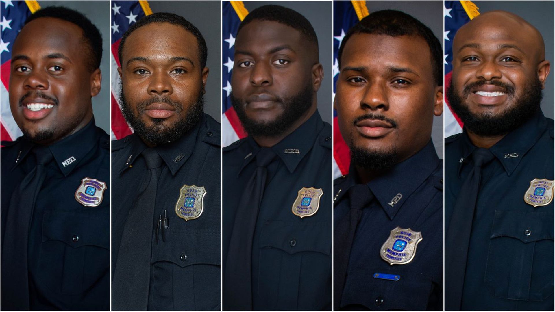 The former Memphis officers charged over Tyre Nichols' death from left to right: Tadarrius Bean, Demetrius Haley, Emmitt Martin III, Justin Smith, Desmond Mills, Jr.