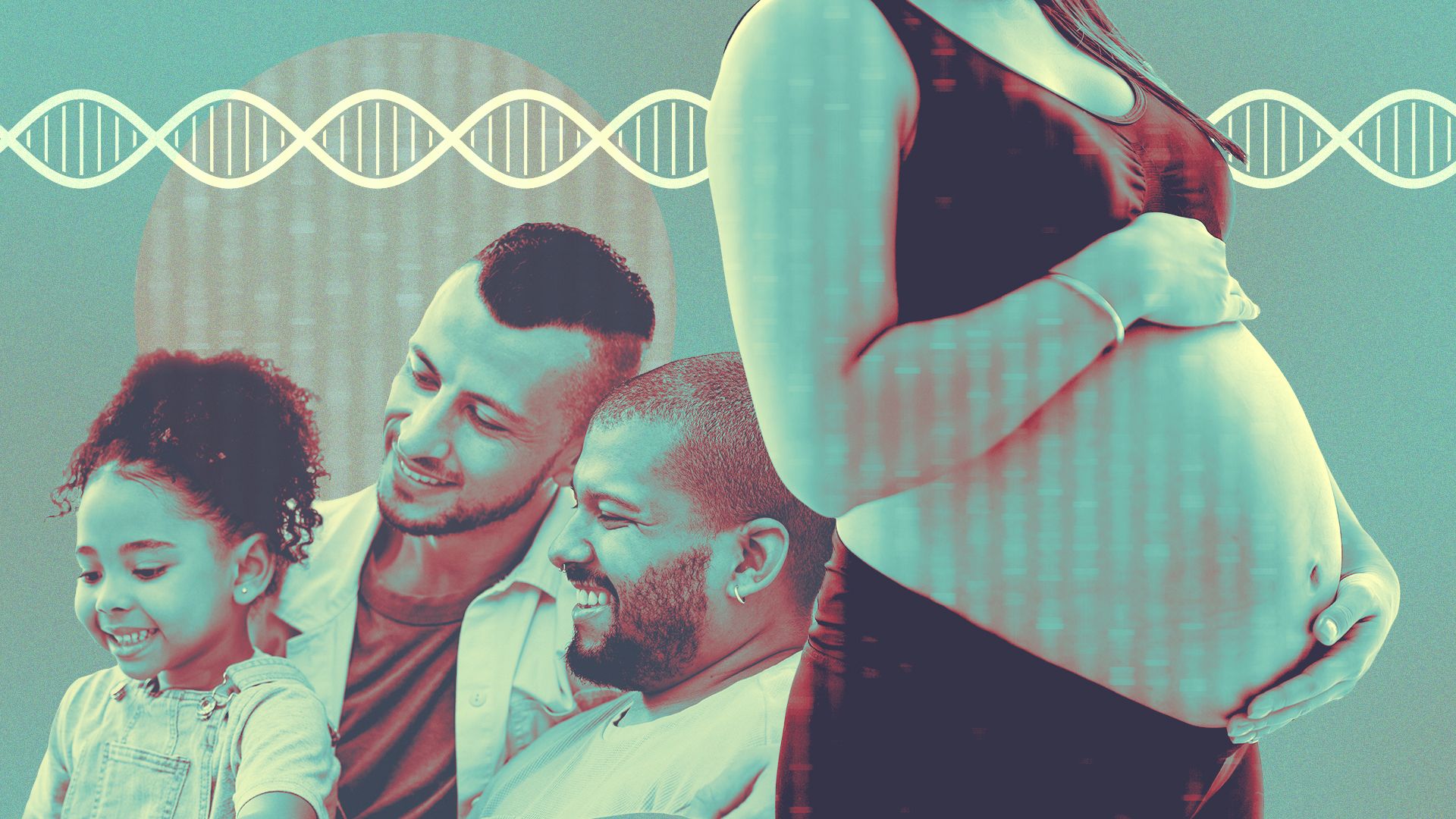 Photo illustration of a same sex couple and their daughter, collaged with images of DNA and a pregnant woman.