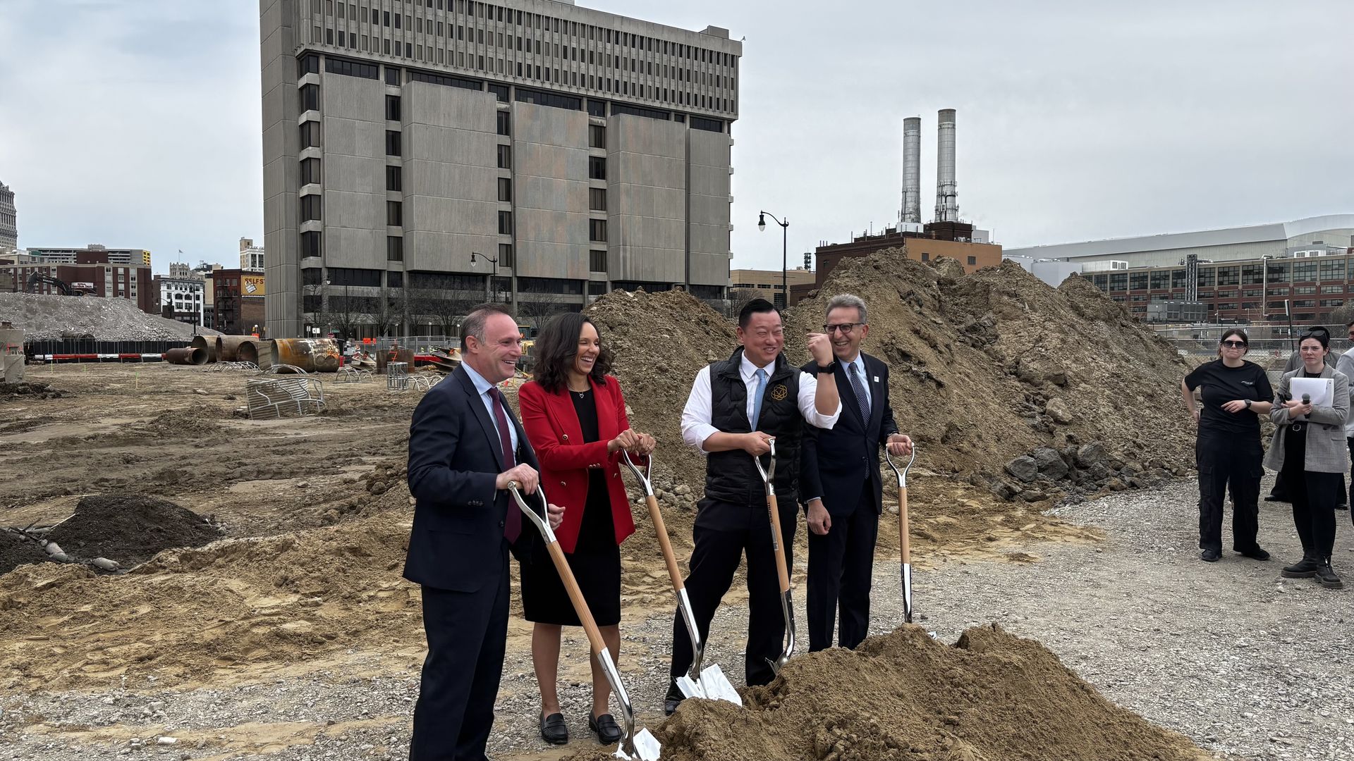 From left to right, Bedrock CEO Jared Fleisher, Mayor Mary Sheffield, Dr. Anthony Chang, founder and CEO of BAMF Health, and Dr. Adnan Munkarah, of Henry Ford Health, at Tuesday's groundbreaking.